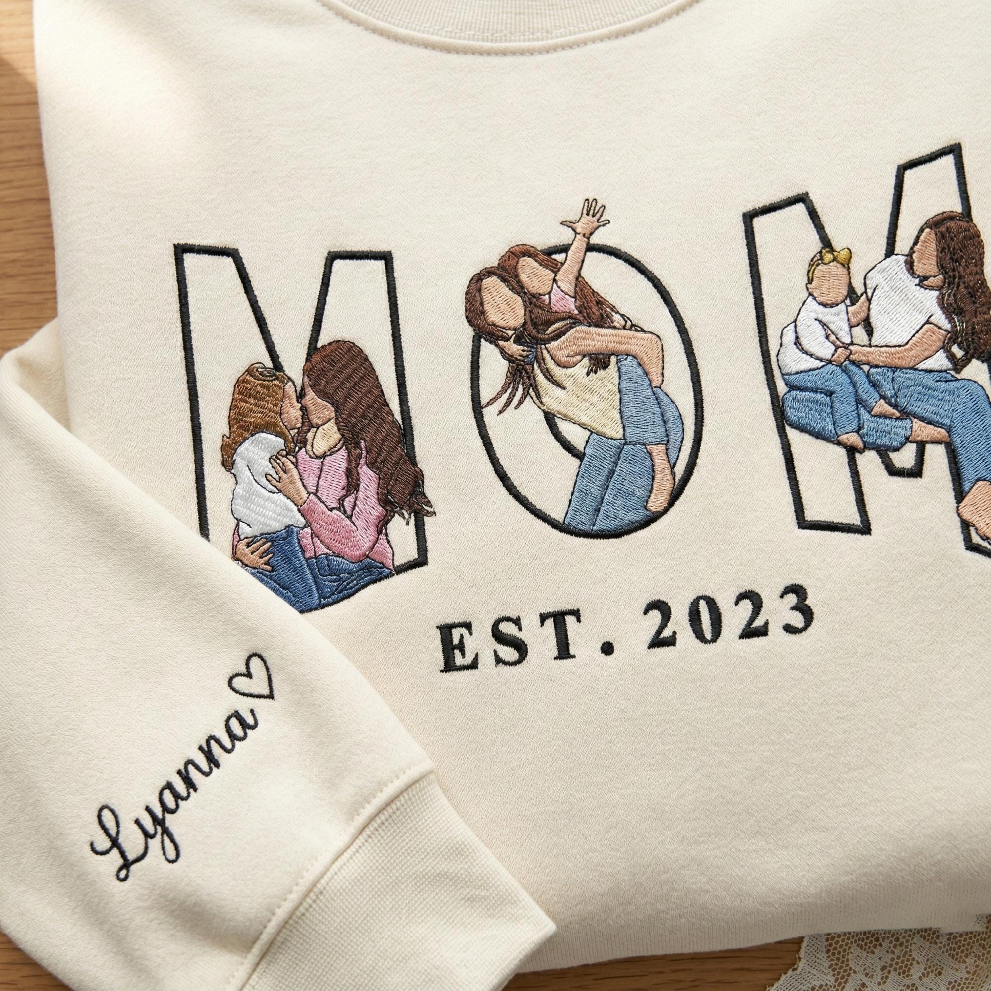 Embroidered Mama Sweatshirt with Photo, Custom Embroidered Mama and Son/Daughter Portrait, Embroidery Shirt For Mom, Mother's Day Gift