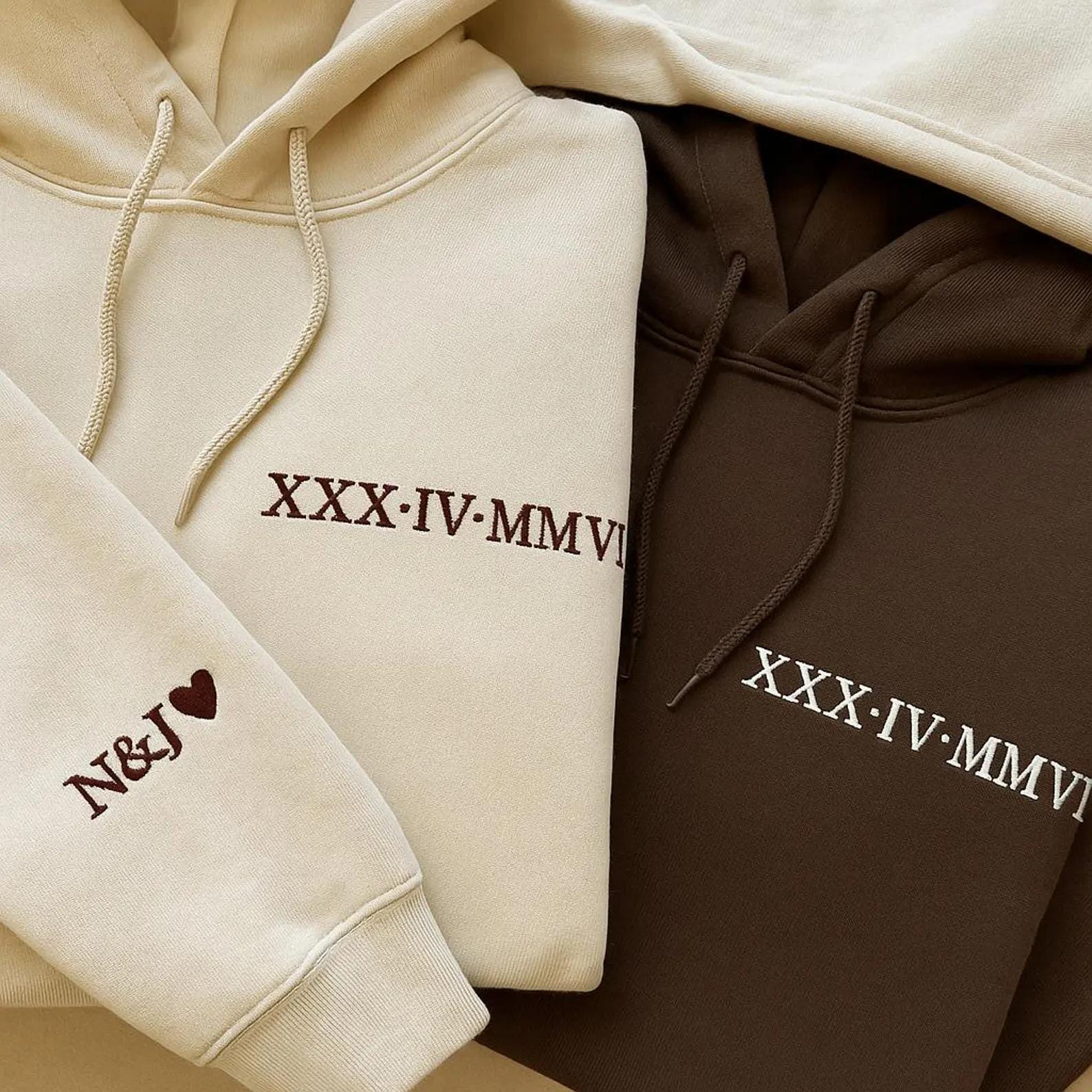 Roman Numeral Embroidered Matching Hoodie, Personalised Couple Anniversary Date Hoodie, Custom Initials With Heart on Sleeve, Boyfriend Gift