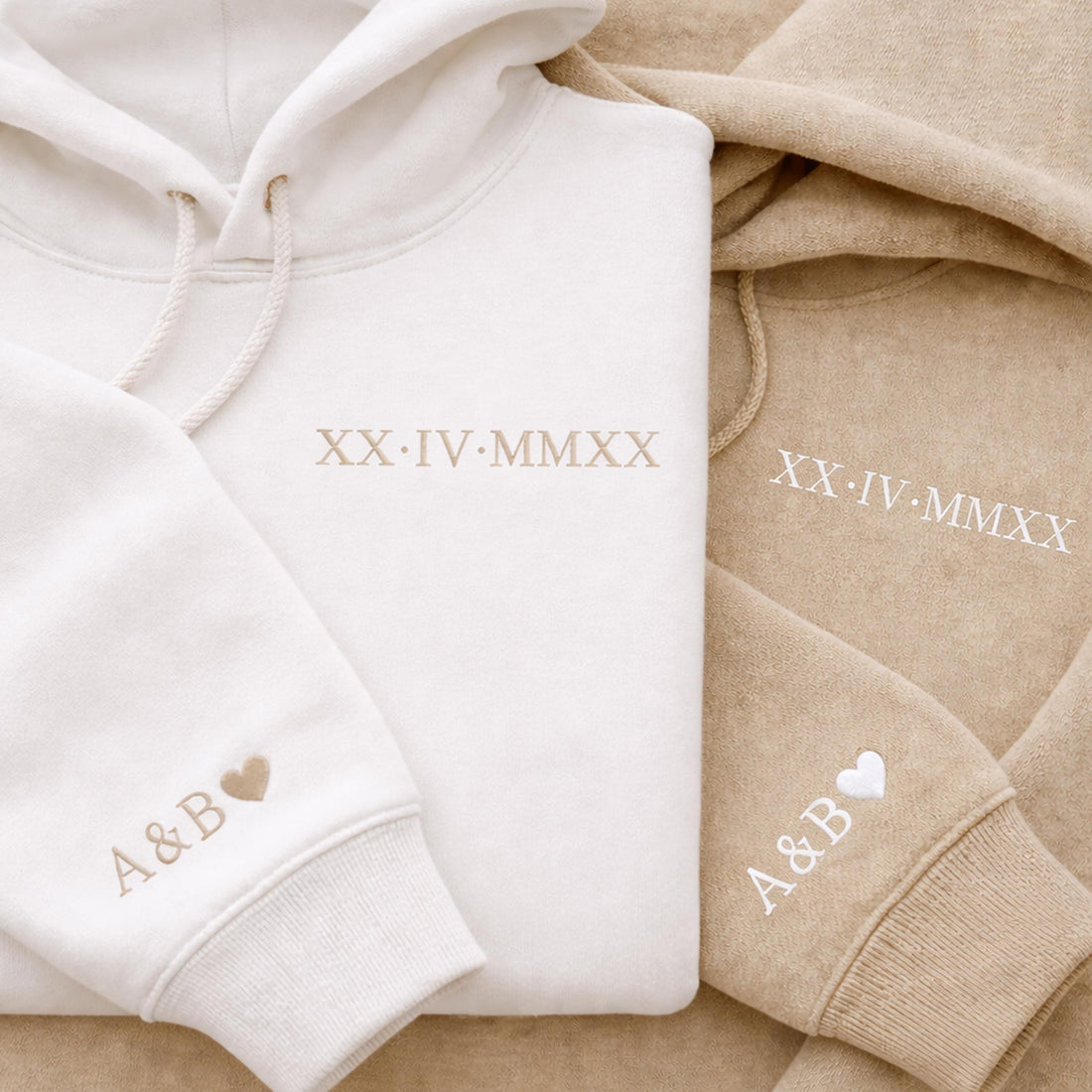 Roman Numeral Embroidered Matching Hoodie, Personalised Couple Anniversary Date Hoodie, Custom Initials With Heart on Sleeve, Boyfriend Gift