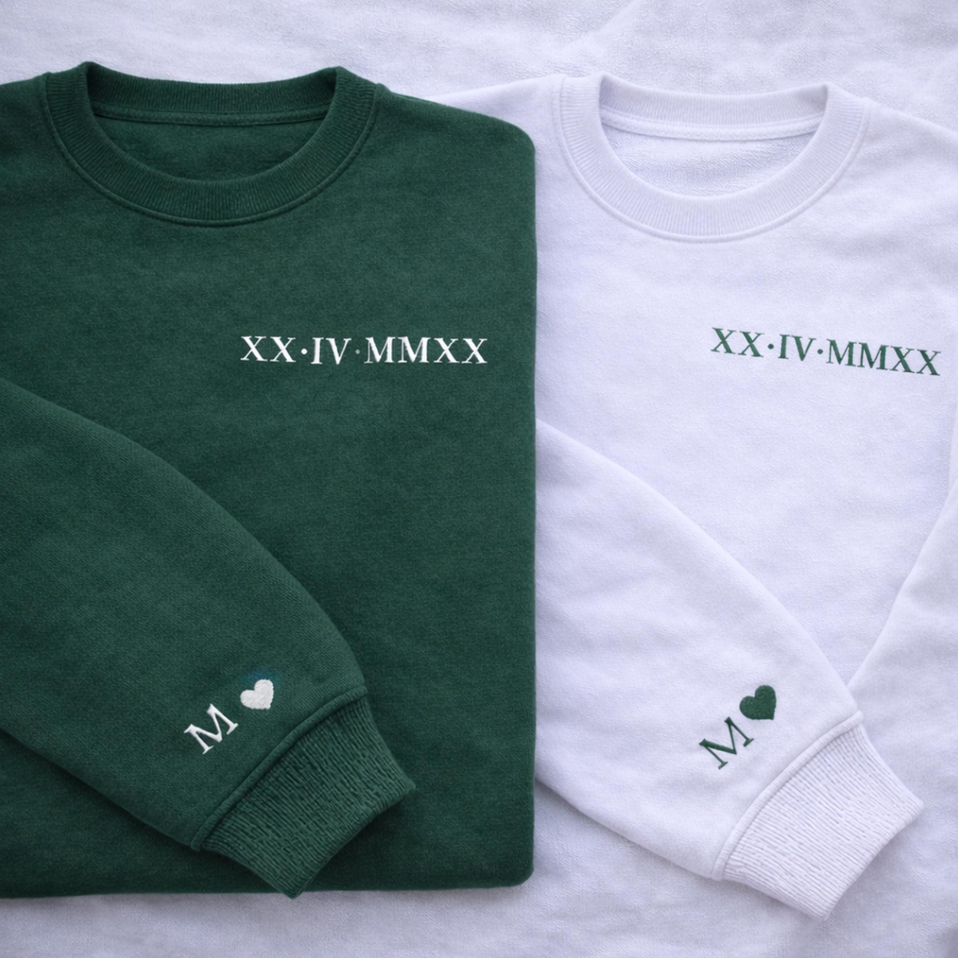 Roman Numeral Embroidered Matching Hoodie, Personalised Couple Anniversary Date Hoodie, Custom Initials With Heart on Sleeve, Boyfriend Gift