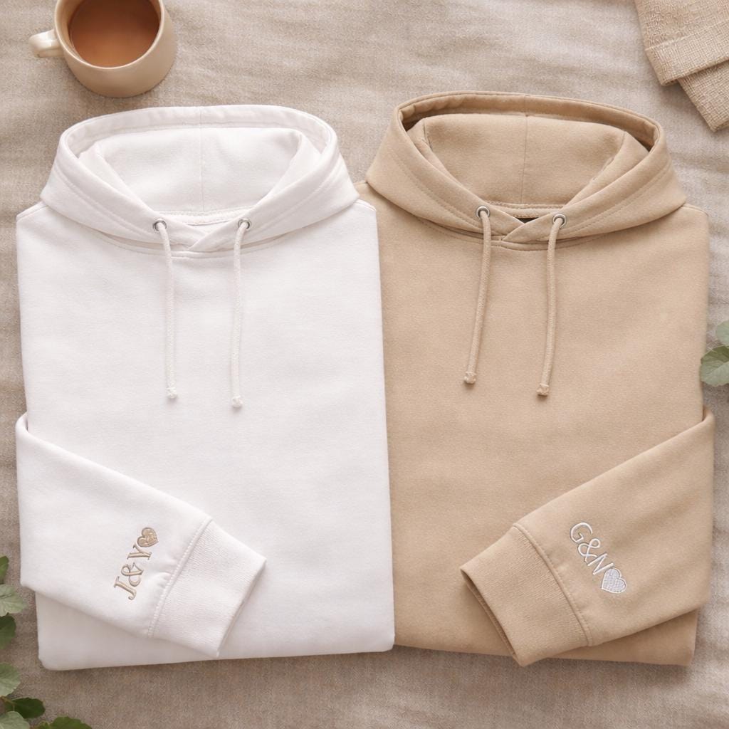 Personalised Initial Heart Sleeve Hoodie, Custom Embroidered Couple Anniversary Shirts, Matching His and Hers Hoodies, Romantic Wedding Gift