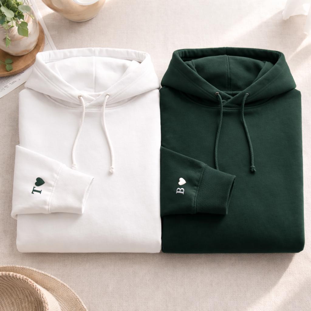 Custom Embroidered Initial with Heart Sleeve Hoodie, Personalised Couple Anniversary Sweatshirt, Matching His and Hers Shirts, Wedding Gifts