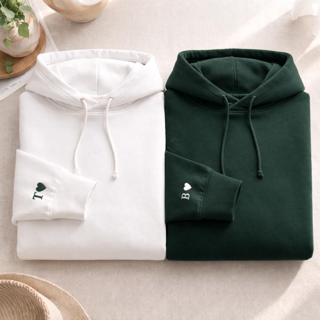 Personalised Initial Heart Sleeve Hoodie, Custom Embroidered Couple Anniversary Shirts, Matching His and Hers Hoodies, Romantic Wedding Gift