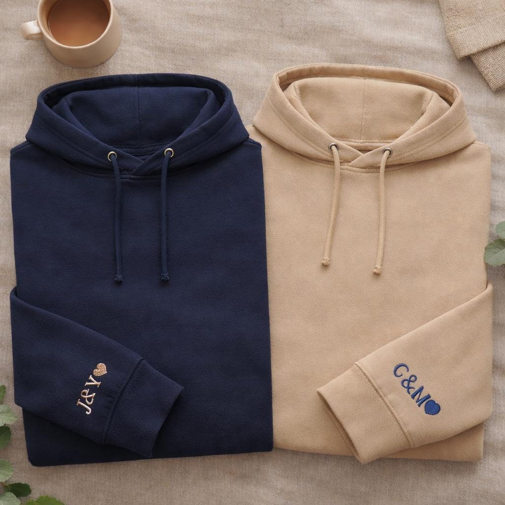 Personalised Initial Heart Sleeve Hoodie, Custom Embroidered Couple Anniversary Shirts, Matching His and Hers Hoodies, Romantic Wedding Gift