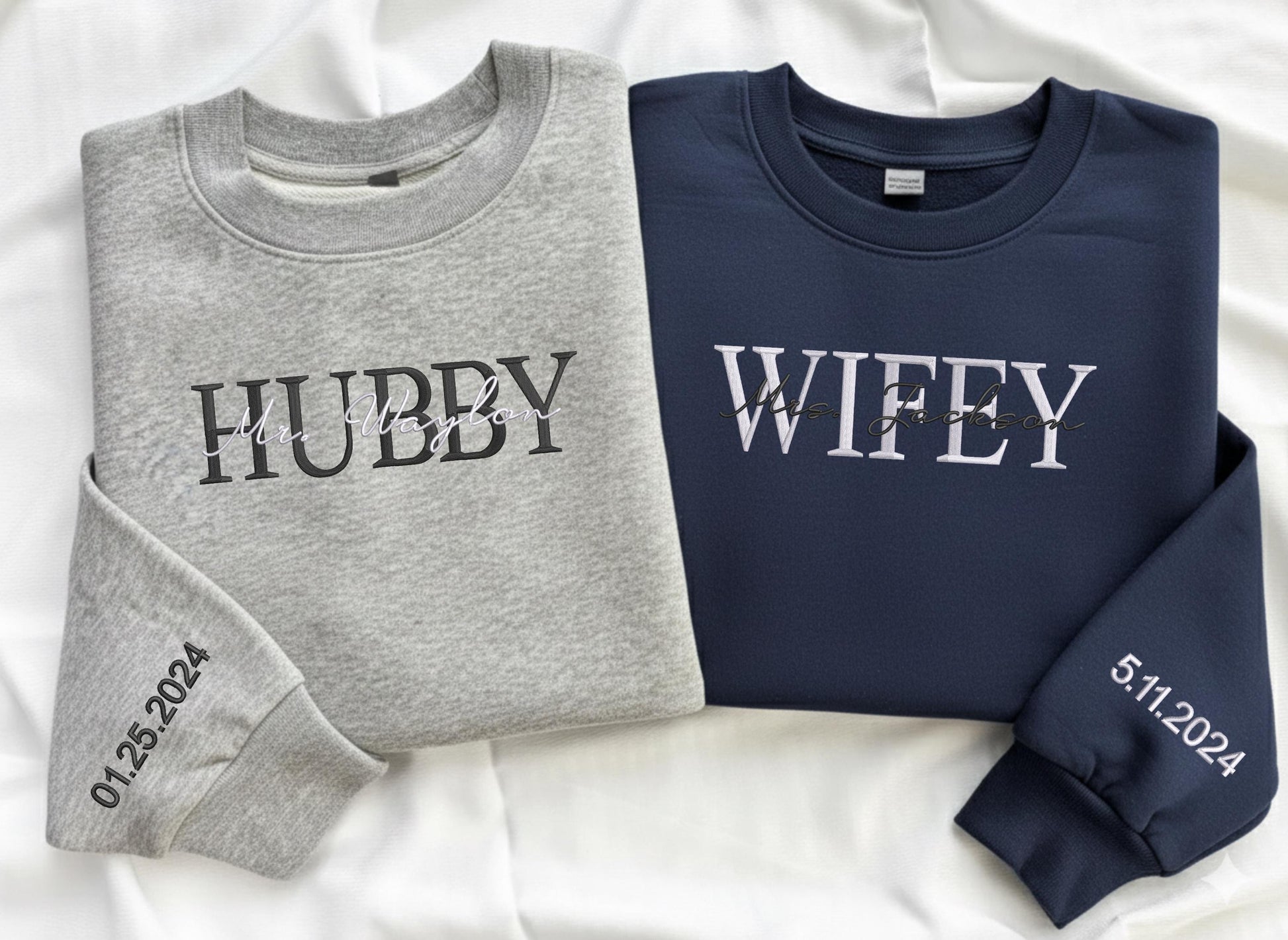 Personalised Embroidered Matching Sweatshirt, Wifey Hubby Wedding Sweatshirt, Anniversary Couple Sweatshirt, Engagement Gift for Bride To Be