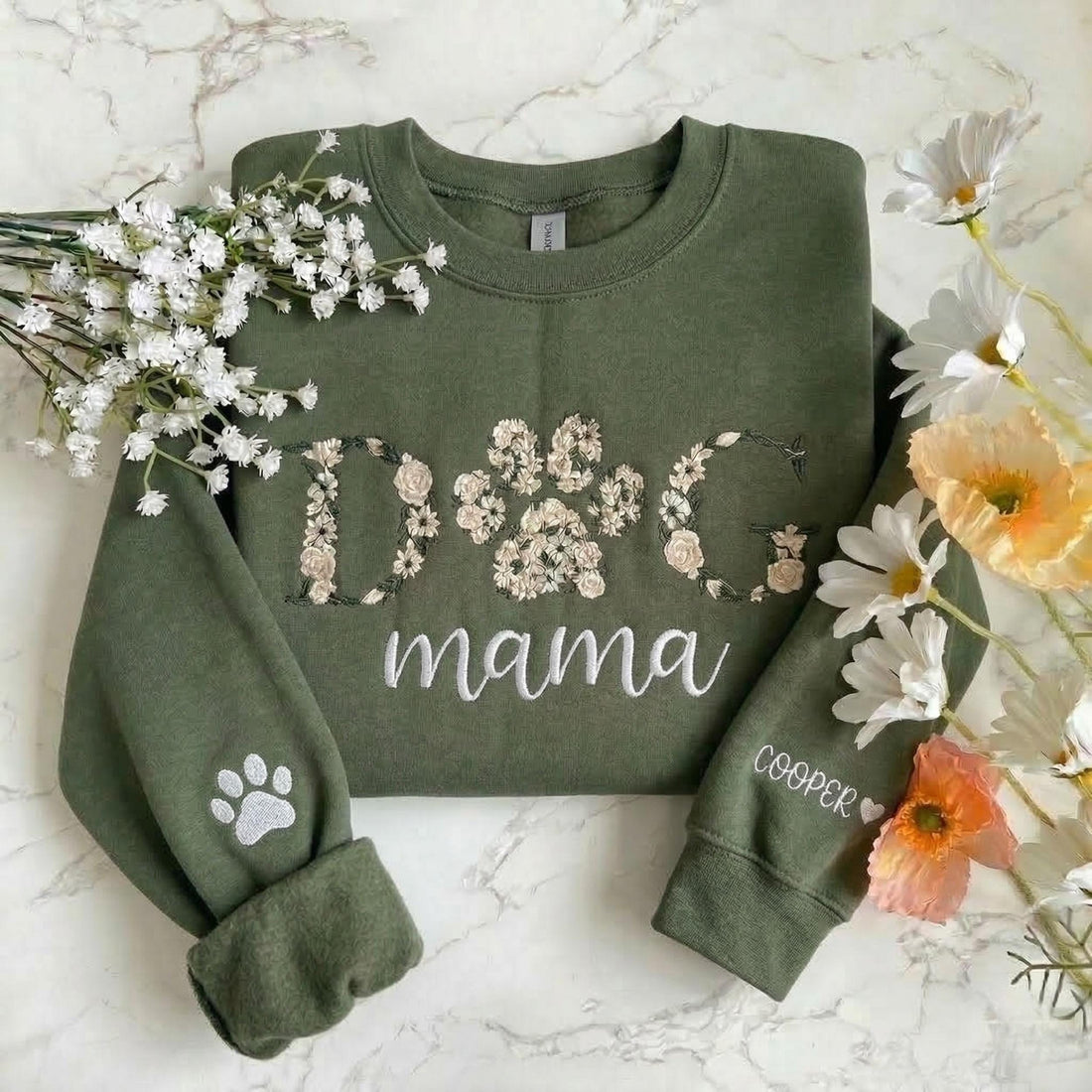 Custom Floral Dog Mama Embroidered Shirt, Personalized Pet Name Embroidery Sweatshirt, Flower Paw Print Crewneck, New Dog Mom Gift Idea