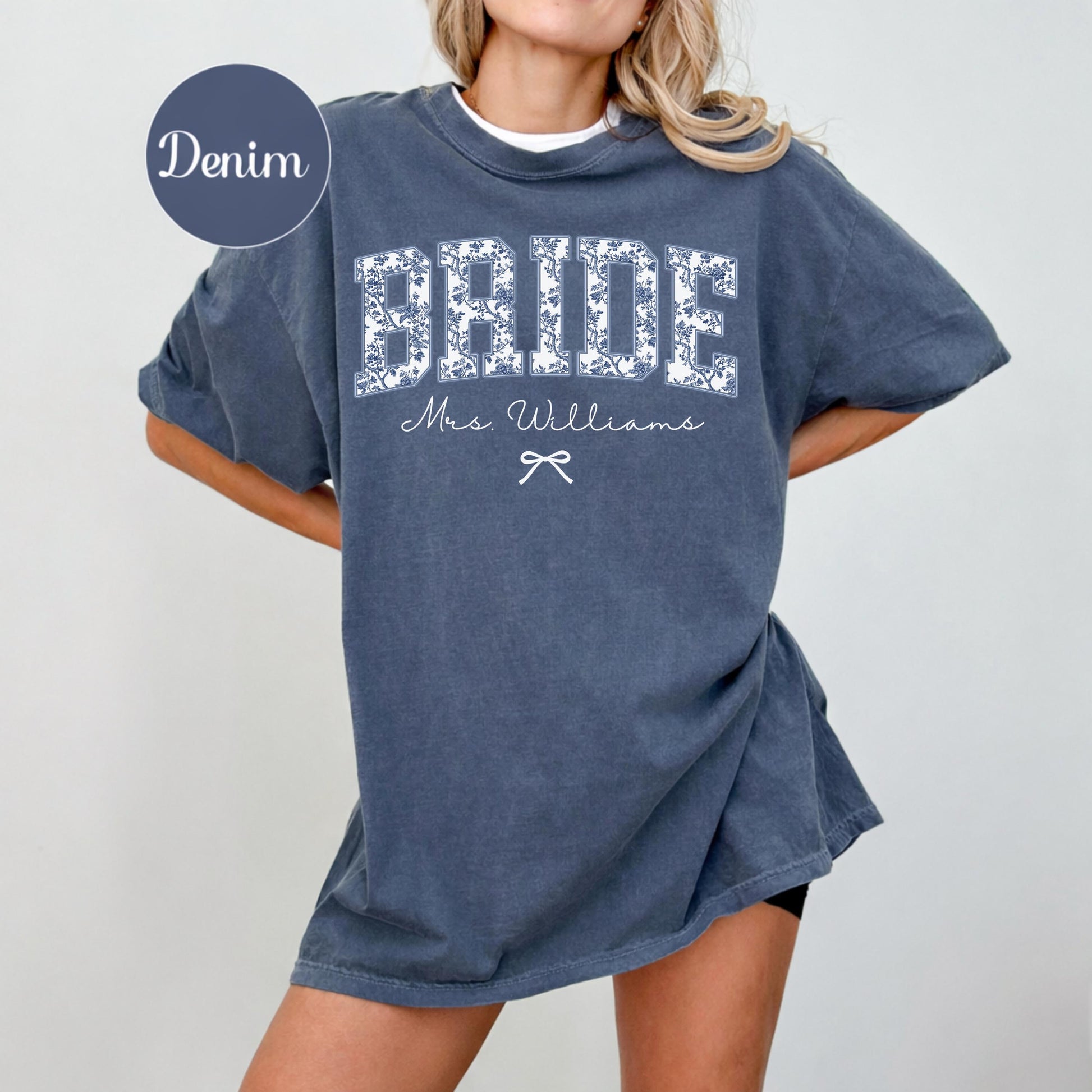 Custom Bride Shirt Blue Toile, Personalized Mrs Name Bridal Shower Gift, Chinoiserie Bride Tee, Engagement Day Getting Ready, Bachelorette