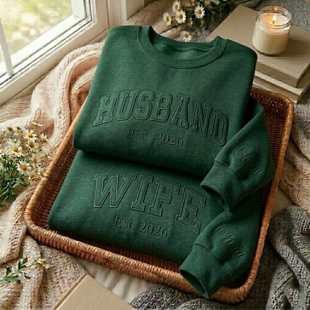 Embroidered Husband Wife Sweatshirt, Mr and Mrs Sweatshirt, Wedding Shirt, Newlywed Sweatshirt, Honeymoon Gift, Matching Couples Sweatshirt
