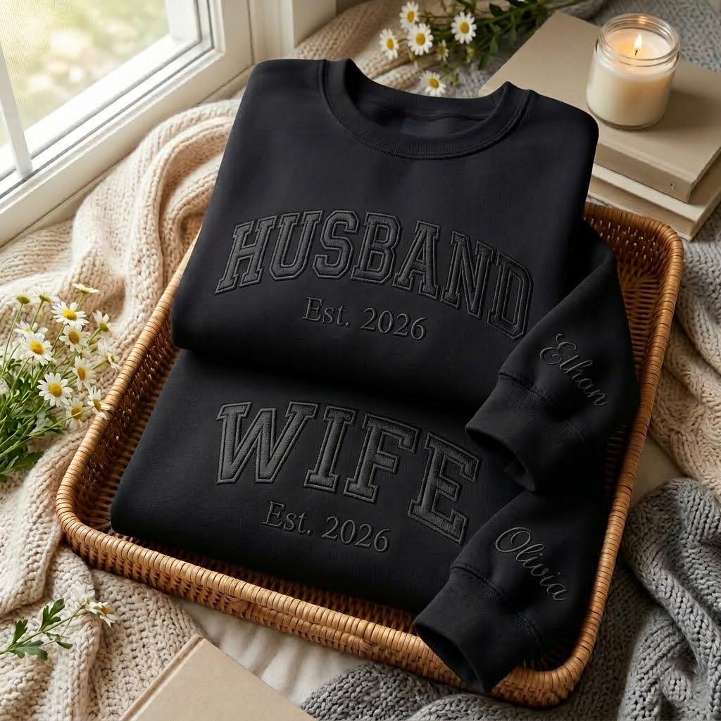Embroidered Husband Wife Sweatshirt, Mr and Mrs Sweatshirt, Wedding Shirt, Newlywed Sweatshirt, Honeymoon Gift, Matching Couples Sweatshirt