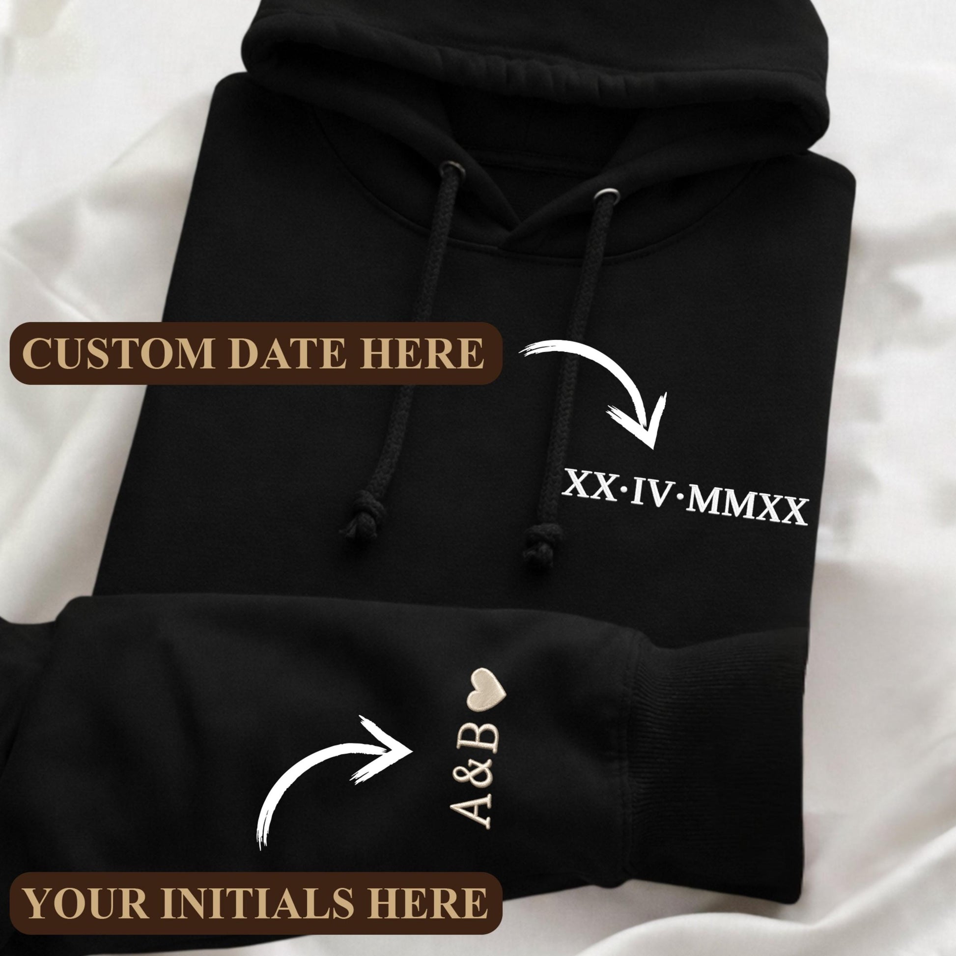 Embroidered Personalized Roman Numeral Date Hoodie, Custom Anniversary Sweatshirt, Couples Matching Hoodie, Initials Sleeve, Wedding Gift