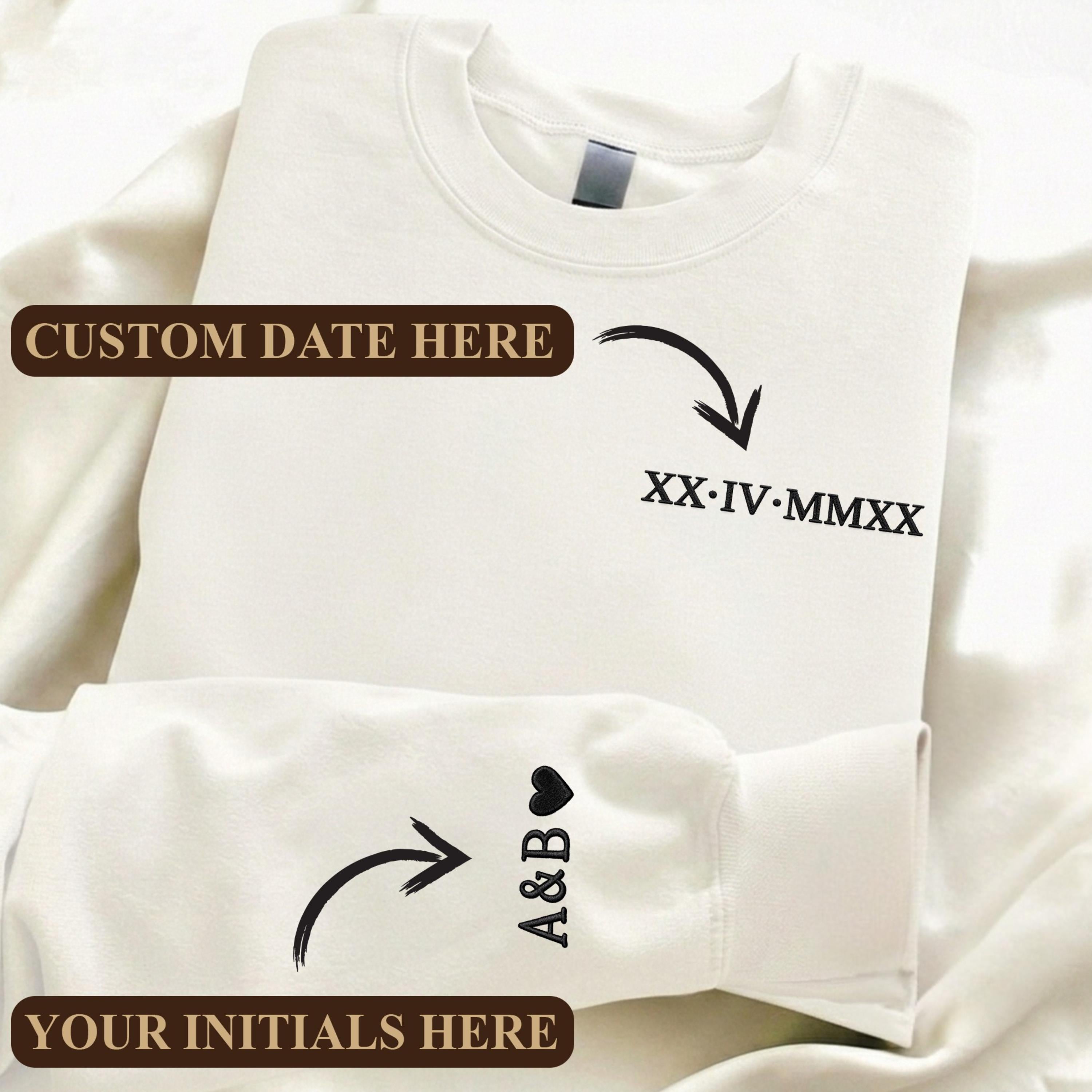 Embroidered Personalized Roman Numeral Date Hoodie, Custom Anniversary Sweatshirt, Couples Matching Hoodie, Initials Sleeve, Wedding Gift