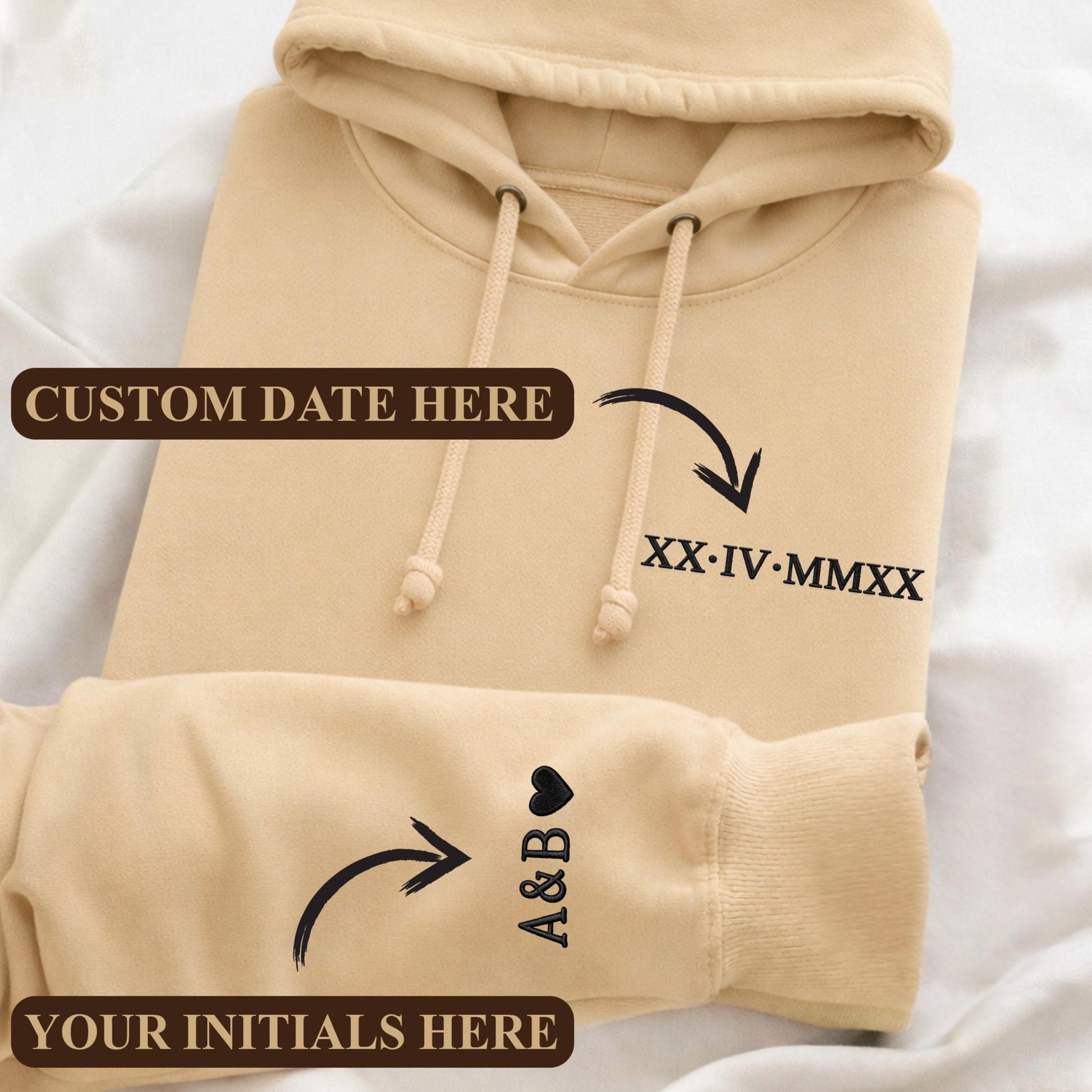 Embroidered Personalized Roman Numeral Date Hoodie, Custom Anniversary Sweatshirt, Couples Matching Hoodie, Initials Sleeve, Wedding Gift