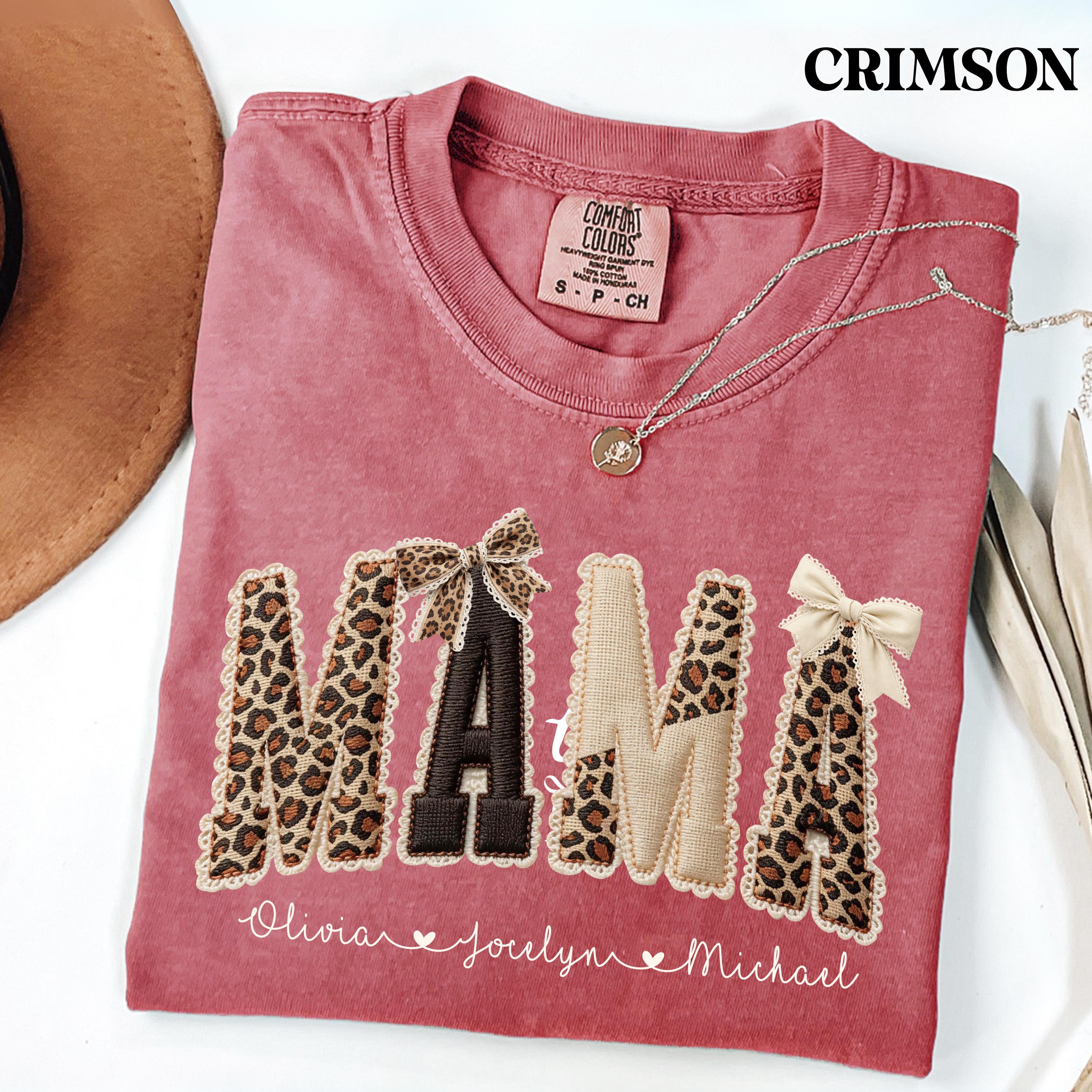 Comfort Colors® Custom Mama Shirt, Personalized Name Patchwork Shirt, Faux Embroidery Leopard Mama Tee, Coquette Mom Shirt, Mothers Day Gift