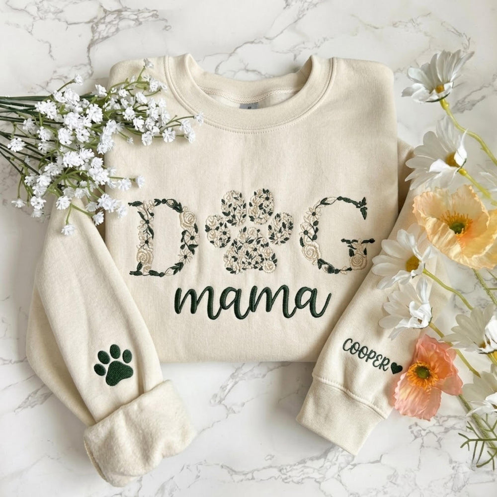 Custom Floral Dog Mama Embroidered Shirt, Personalized Pet Name Embroidery Sweatshirt, Flower Paw Print Crewneck, New Dog Mom Gift Idea