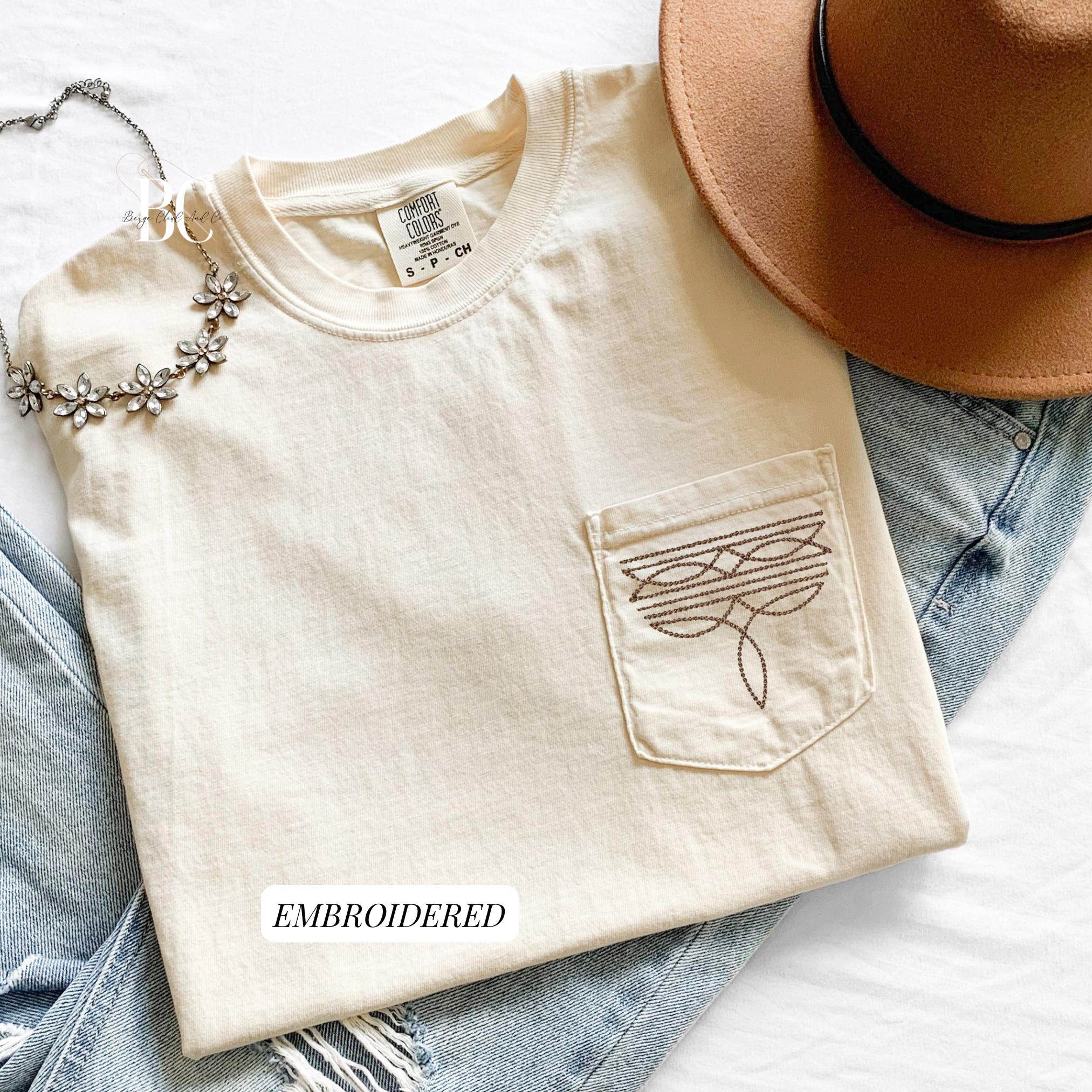 Western Comfort Colors Pocket Embroidered Shirt, Western Boot Stitch Tee, Minimal Western T-Shirt, Country Gift for Her, Cowgirl Top