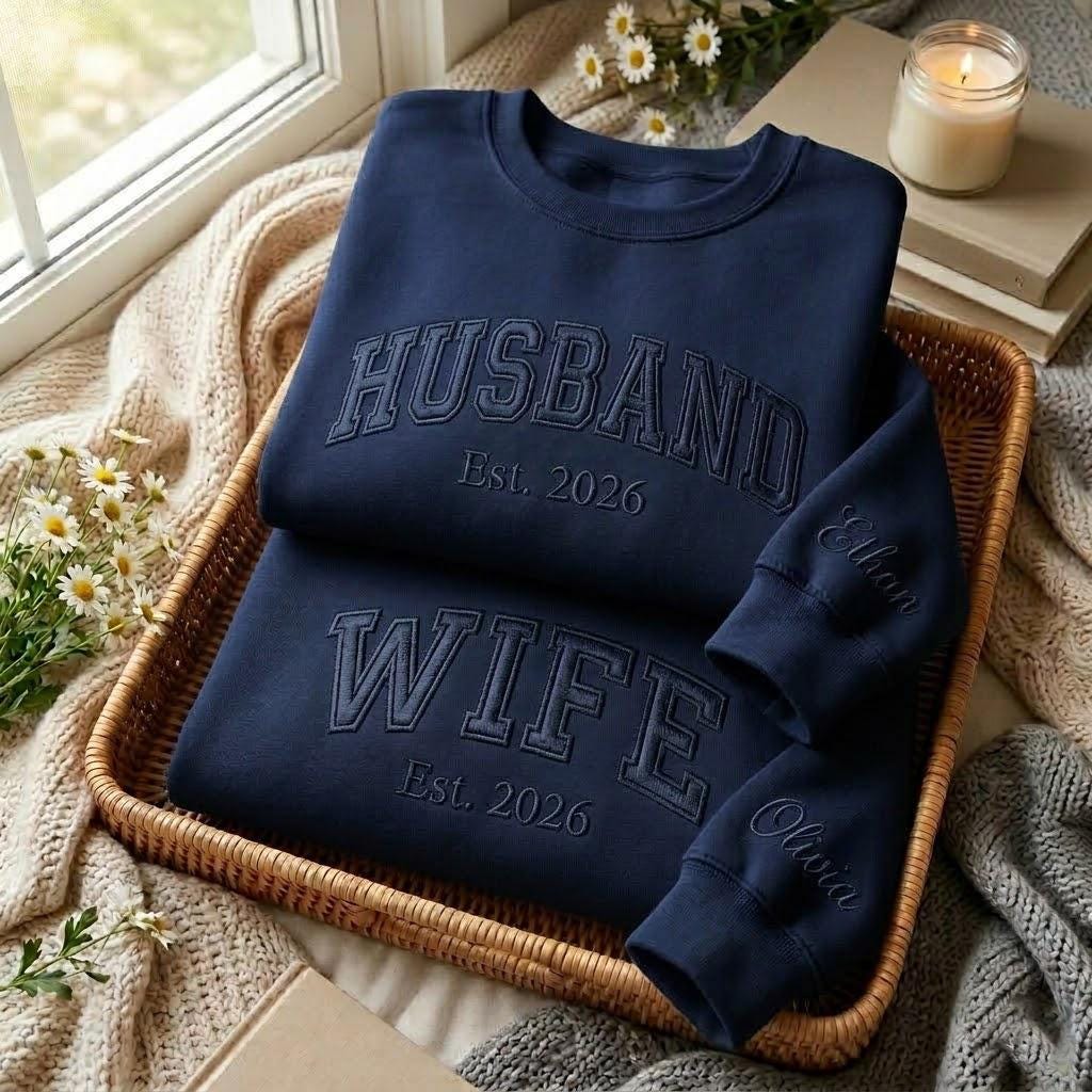 Embroidered Husband Wife Sweatshirt, Mr and Mrs Sweatshirt, Wedding Shirt, Newlywed Sweatshirt, Honeymoon Gift, Matching Couples Sweatshirt