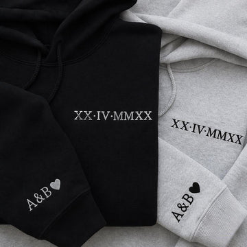 Embroidered Personalized Roman Numeral Date Hoodie, Custom Anniversary Sweatshirt, Couples Matching Hoodie, Initials Sleeve, Wedding Gift
