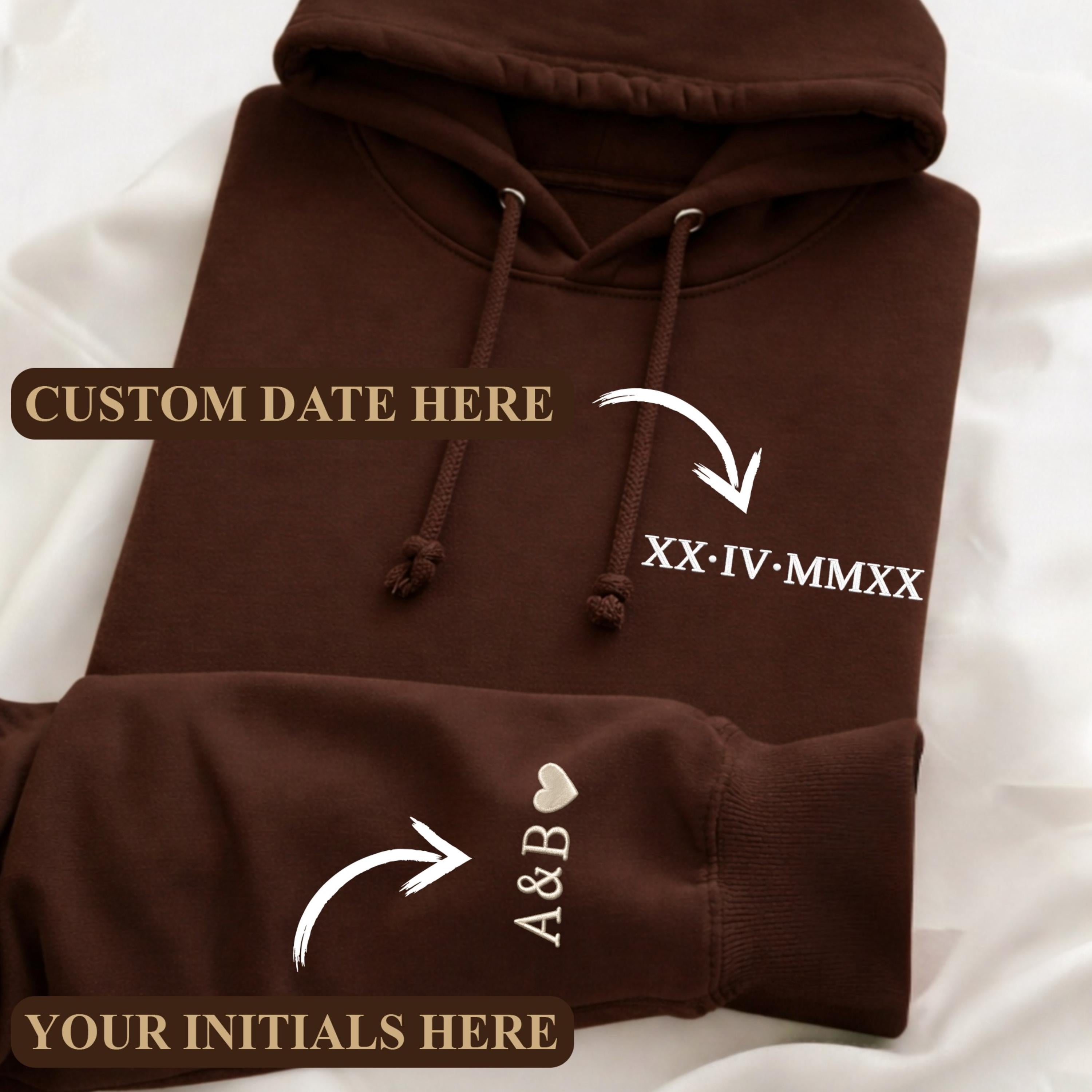 Embroidered Personalized Roman Numeral Date Hoodie, Custom Anniversary Sweatshirt, Couples Matching Hoodie, Initials Sleeve, Wedding Gift
