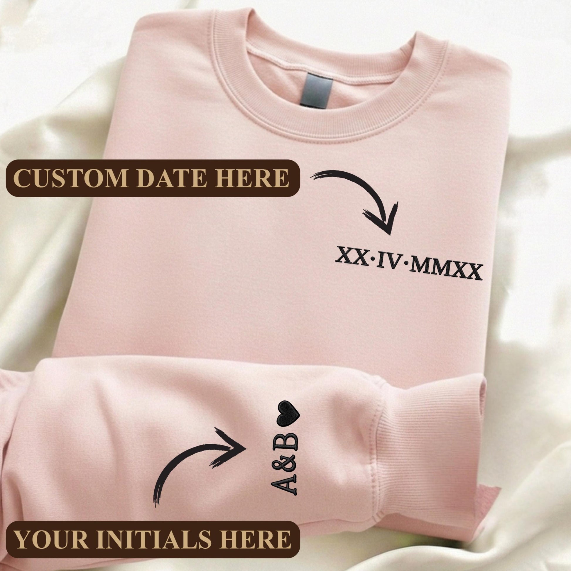 Embroidered Personalized Roman Numeral Date Hoodie, Custom Anniversary Sweatshirt, Couples Matching Hoodie, Initials Sleeve, Wedding Gift