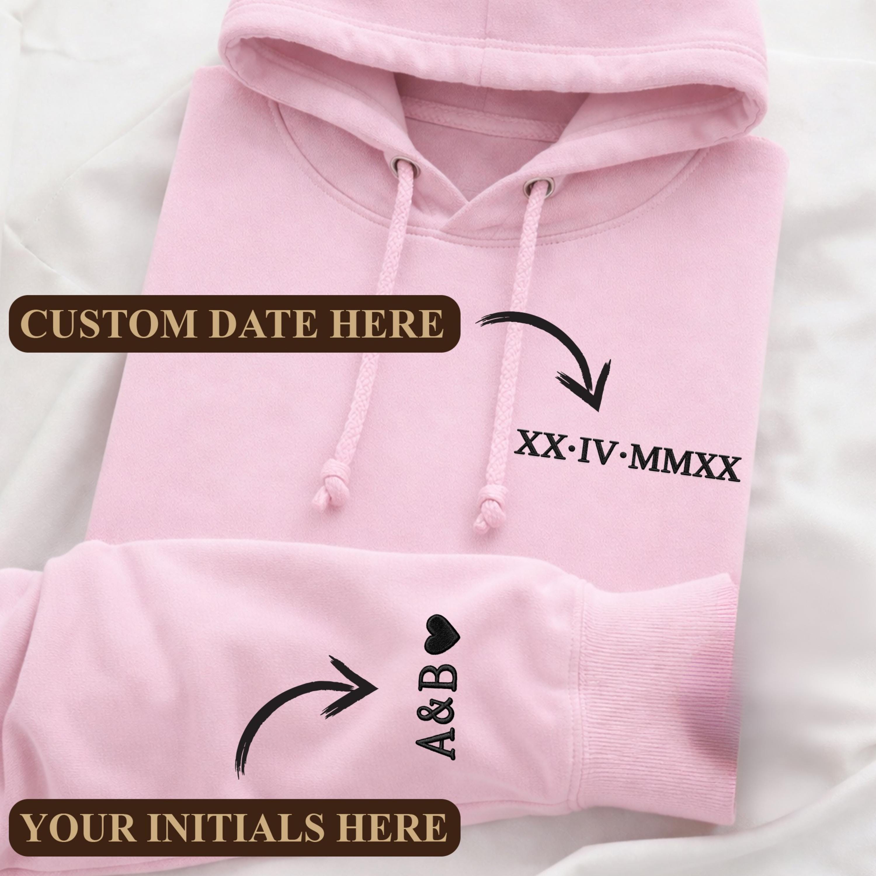 Embroidered Personalized Roman Numeral Date Hoodie, Custom Anniversary Sweatshirt, Couples Matching Hoodie, Initials Sleeve, Wedding Gift