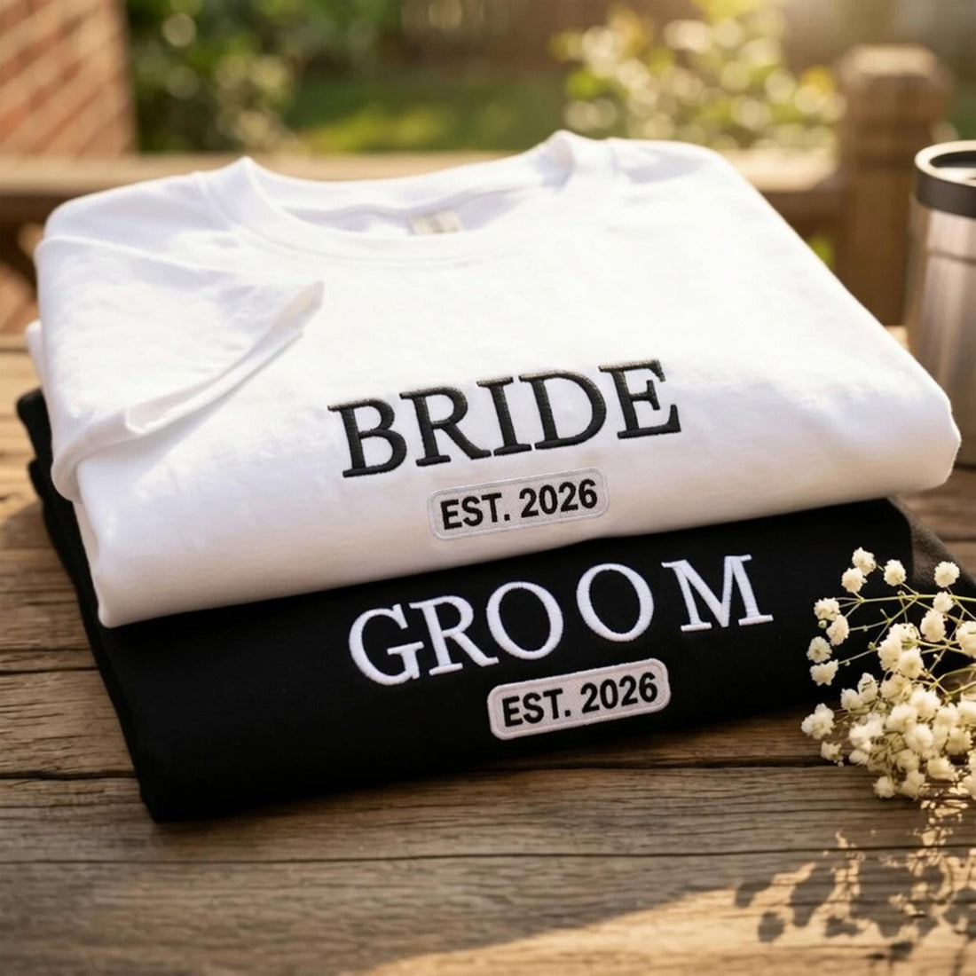 Custom Bride and Groom Embroidered Shirt Set, Personalized Wedding Announcement Tees, Bride Groom Shirt, Bridal Party Apparel, Honeymoon Tee
