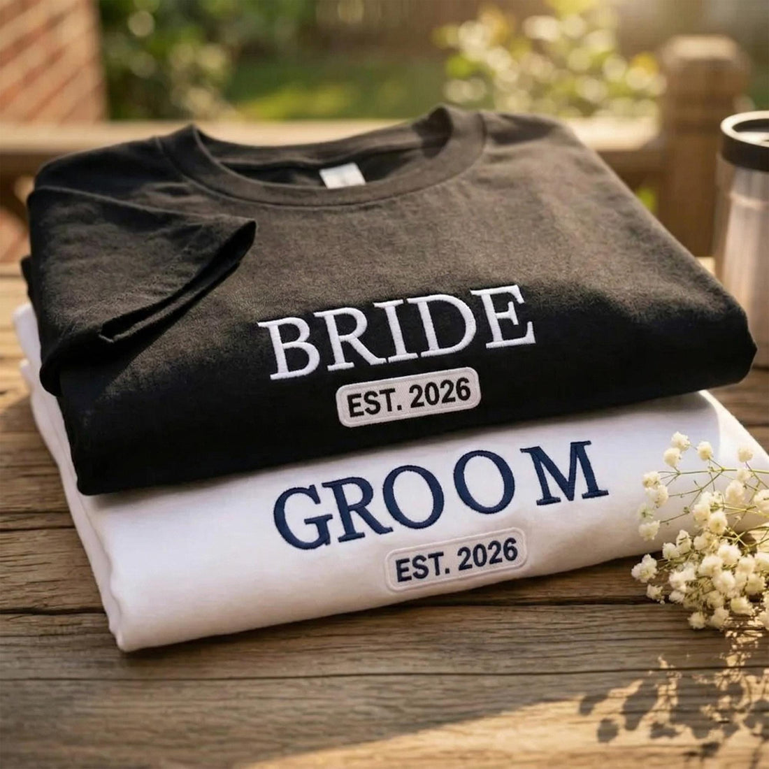 Custom Bride and Groom Embroidered Shirt Set, Personalized Wedding Announcement Tees, Bride Groom Shirt, Bridal Party Apparel, Honeymoon Tee