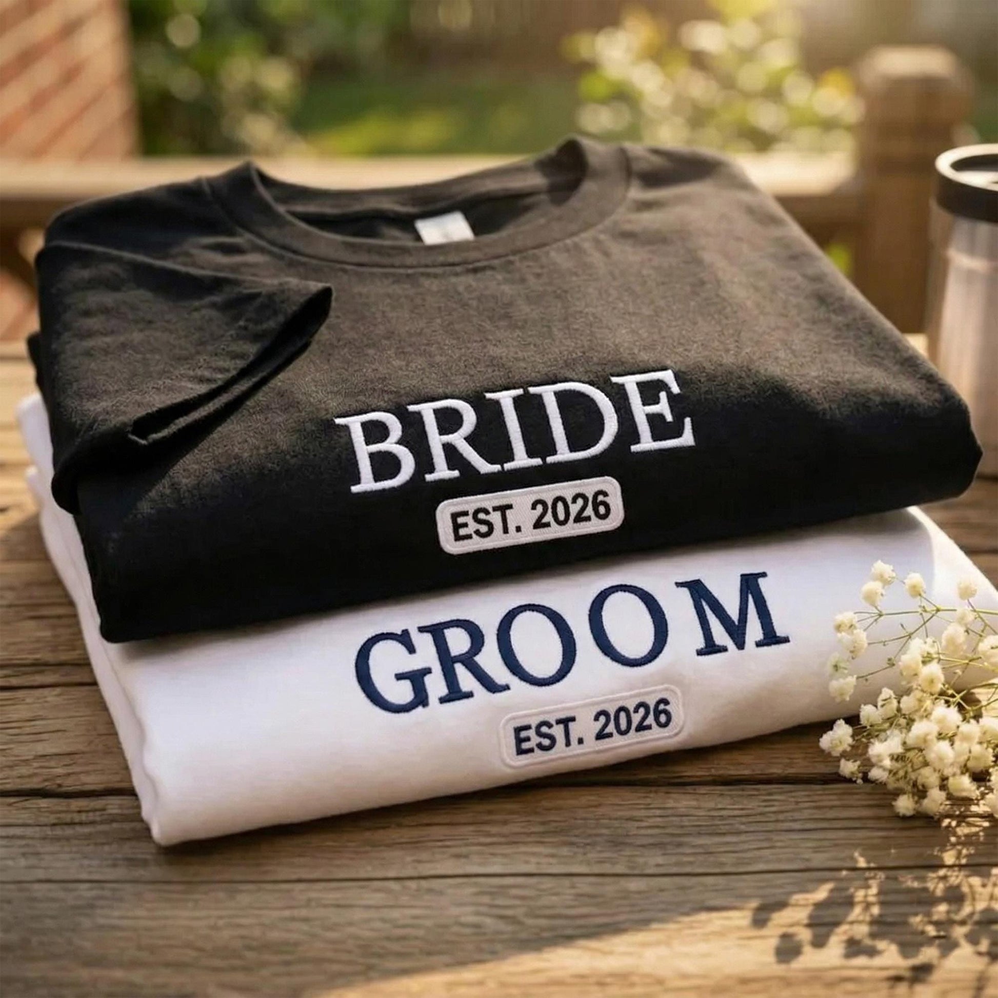 Custom Bride and Groom Embroidered Shirt Set, Personalized Wedding Announcement Tees, Bride Groom Shirt, Bridal Party Apparel, Honeymoon Tee