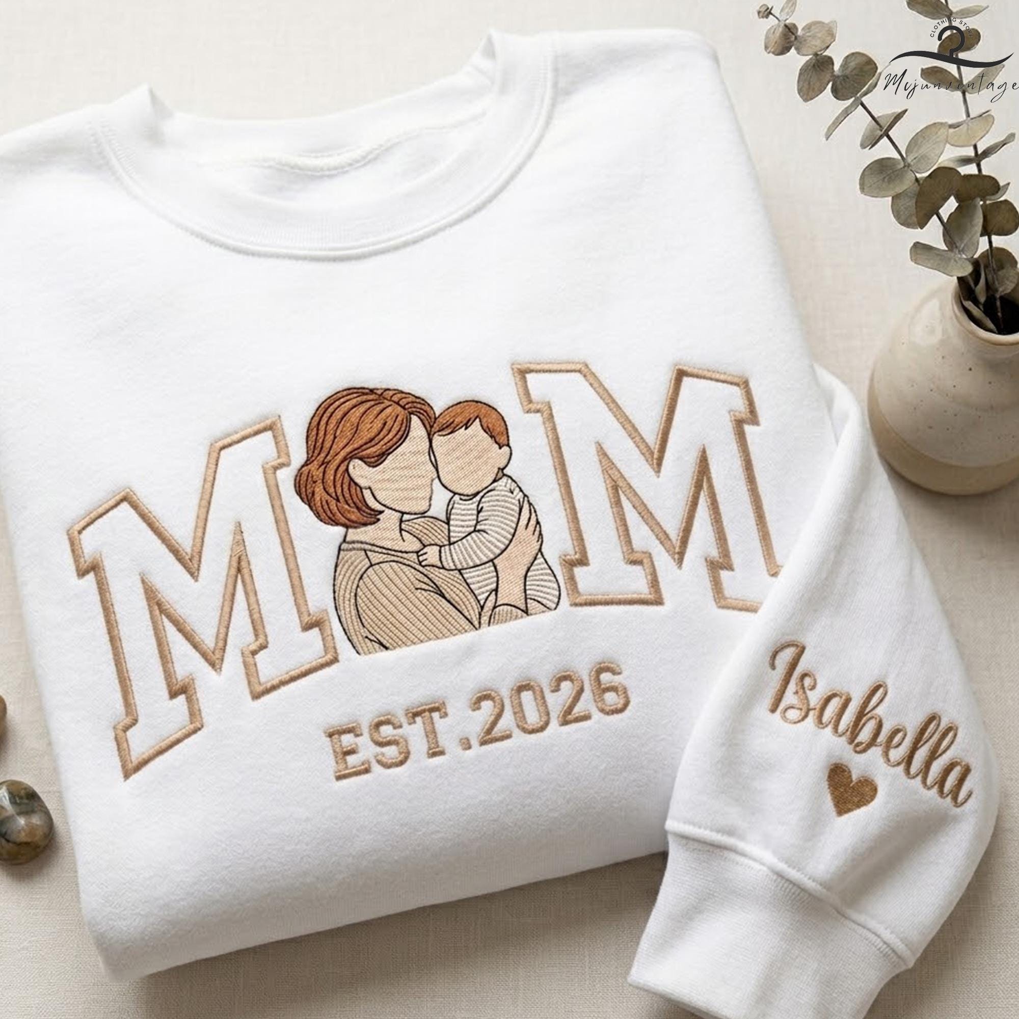EMBROIDERED Custom Mom Portrait Sweatshirt, Meaningful Mommy Gift, Mother’s Day Crewneck, Mama And Son Photo Shirts, Baby Announcement Idea