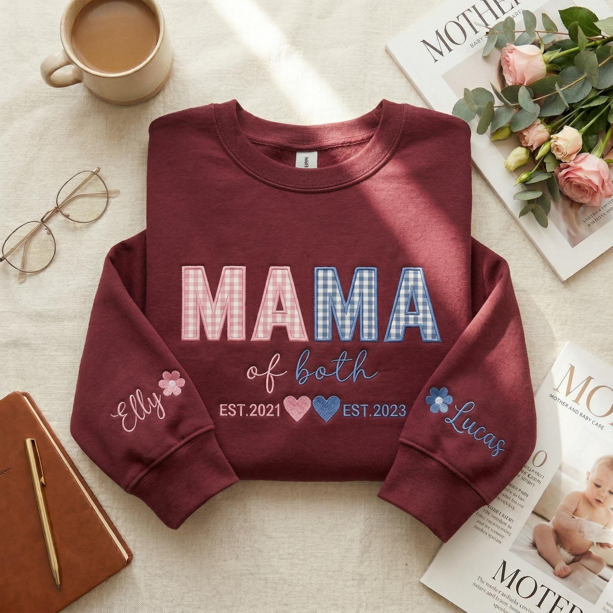 Custom Gingham Applique Crewneck Mama Sweatshirt, Personalized Boy and Girl Mom Shirt, Mama of Both Embroidered Sweatshirt