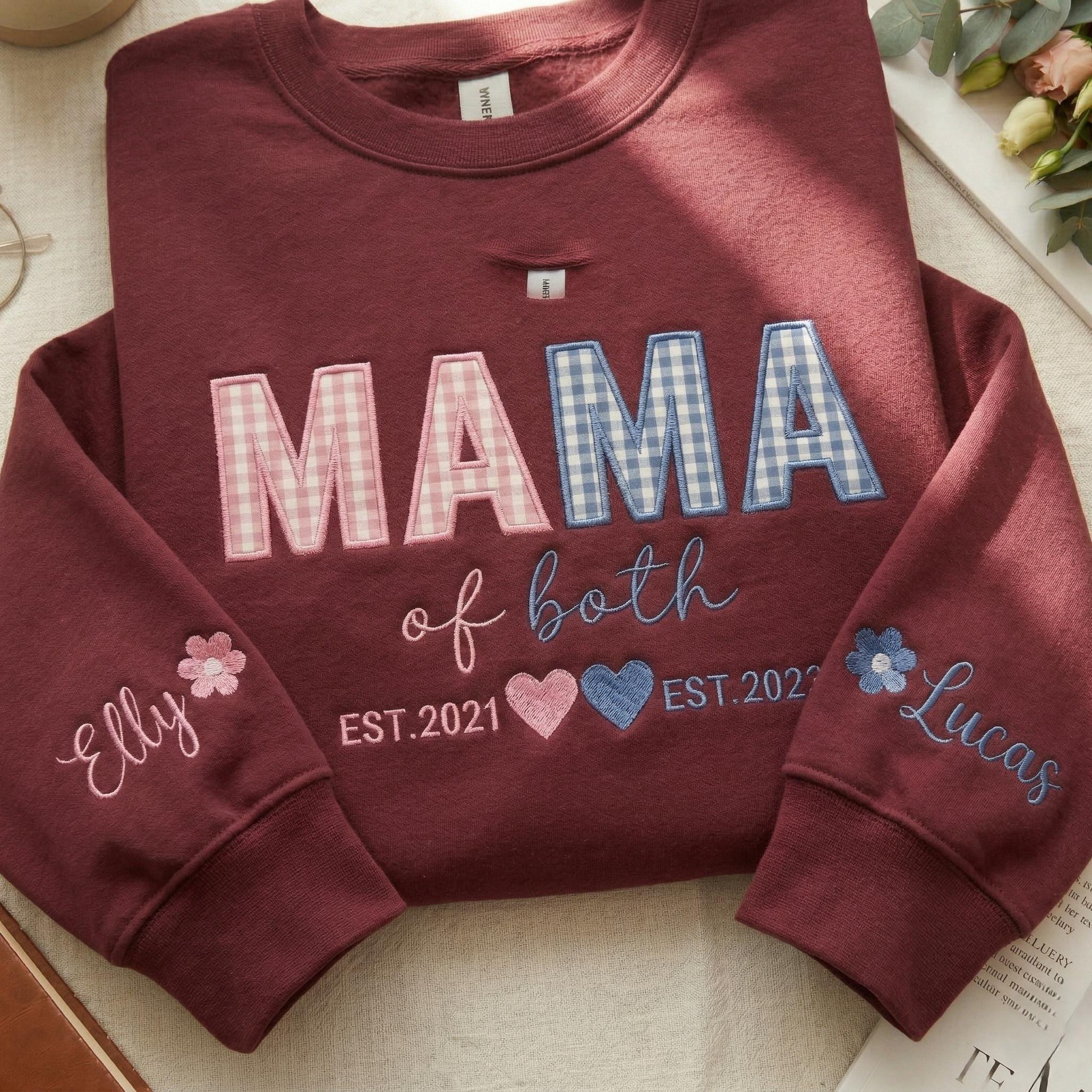 Custom Gingham Applique Crewneck Mama Sweatshirt, Personalized Boy and Girl Mom Shirt, Mama of Both Embroidered Sweatshirt