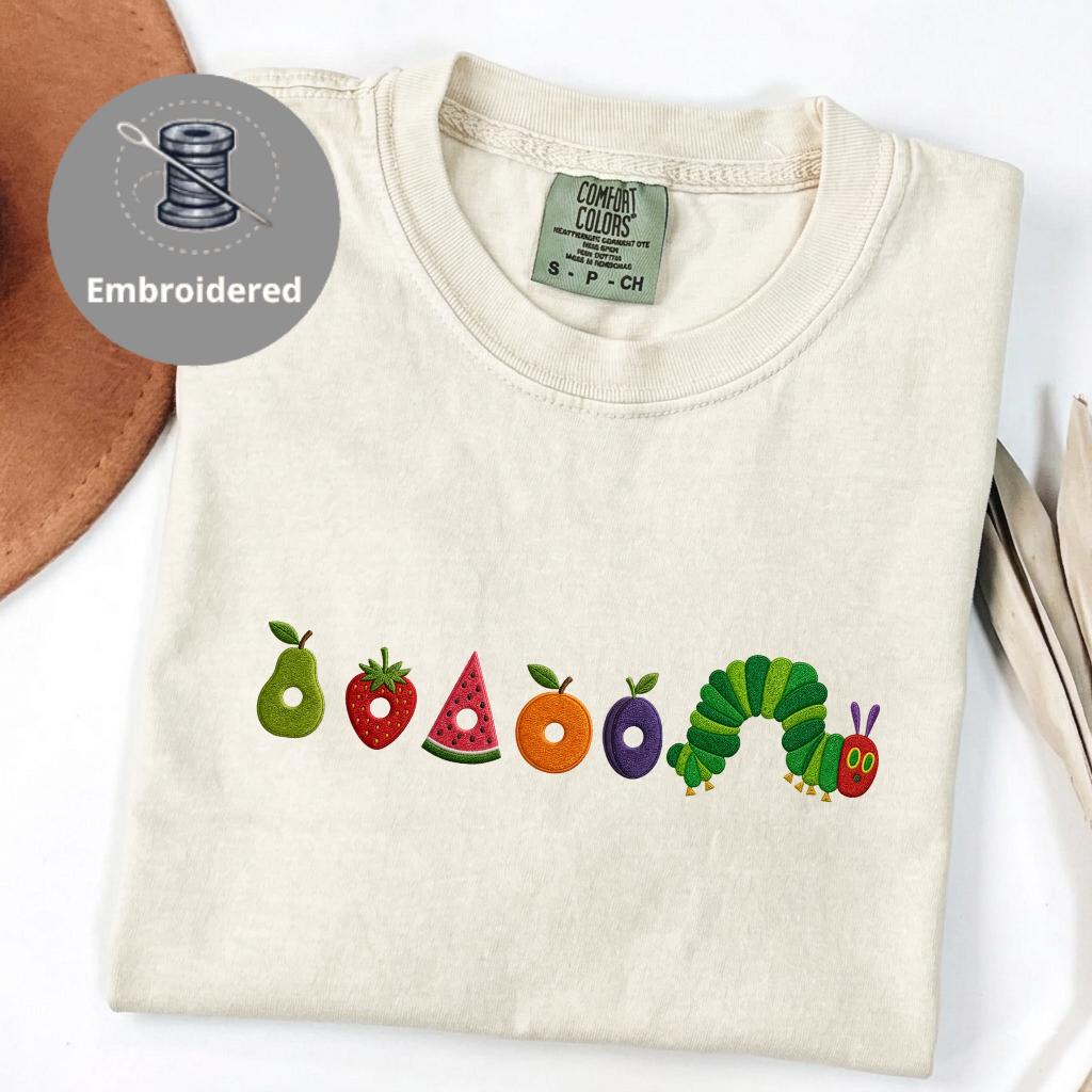 Cute Worm Embroidered Shirt, Fruit Caterpillar Aesthetic Tee, Garden Bug Shirt, Comfort Colors Nature Top, Book Lover Gift