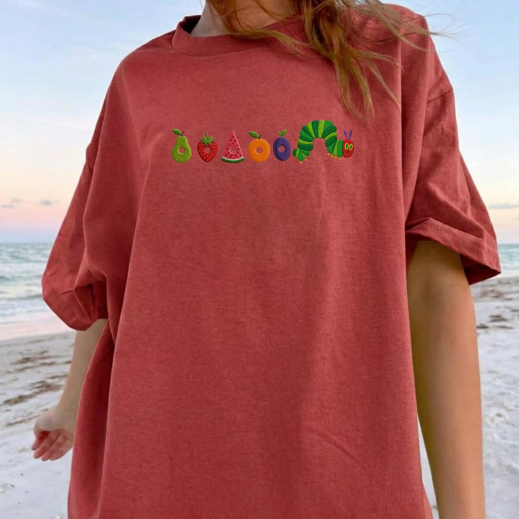 Cute Worm Embroidered Shirt, Fruit Caterpillar Aesthetic Tee, Garden Bug Shirt, Comfort Colors Nature Top, Book Lover Gift