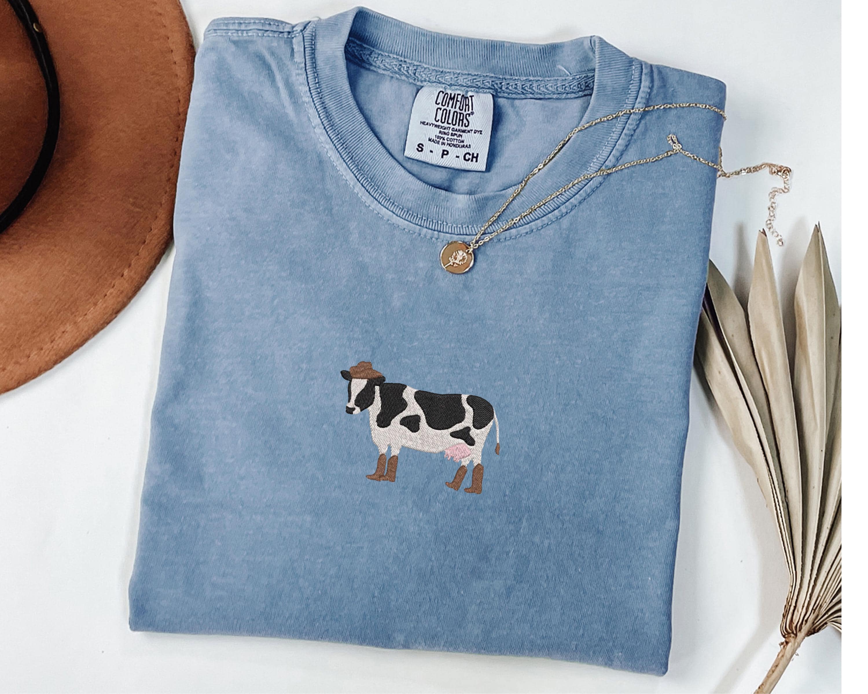 Cowboy Cow Embroidery Shirt, Cow in Boots Comfort Colors Shirt, Farm Embroidery Gift for Women & Men