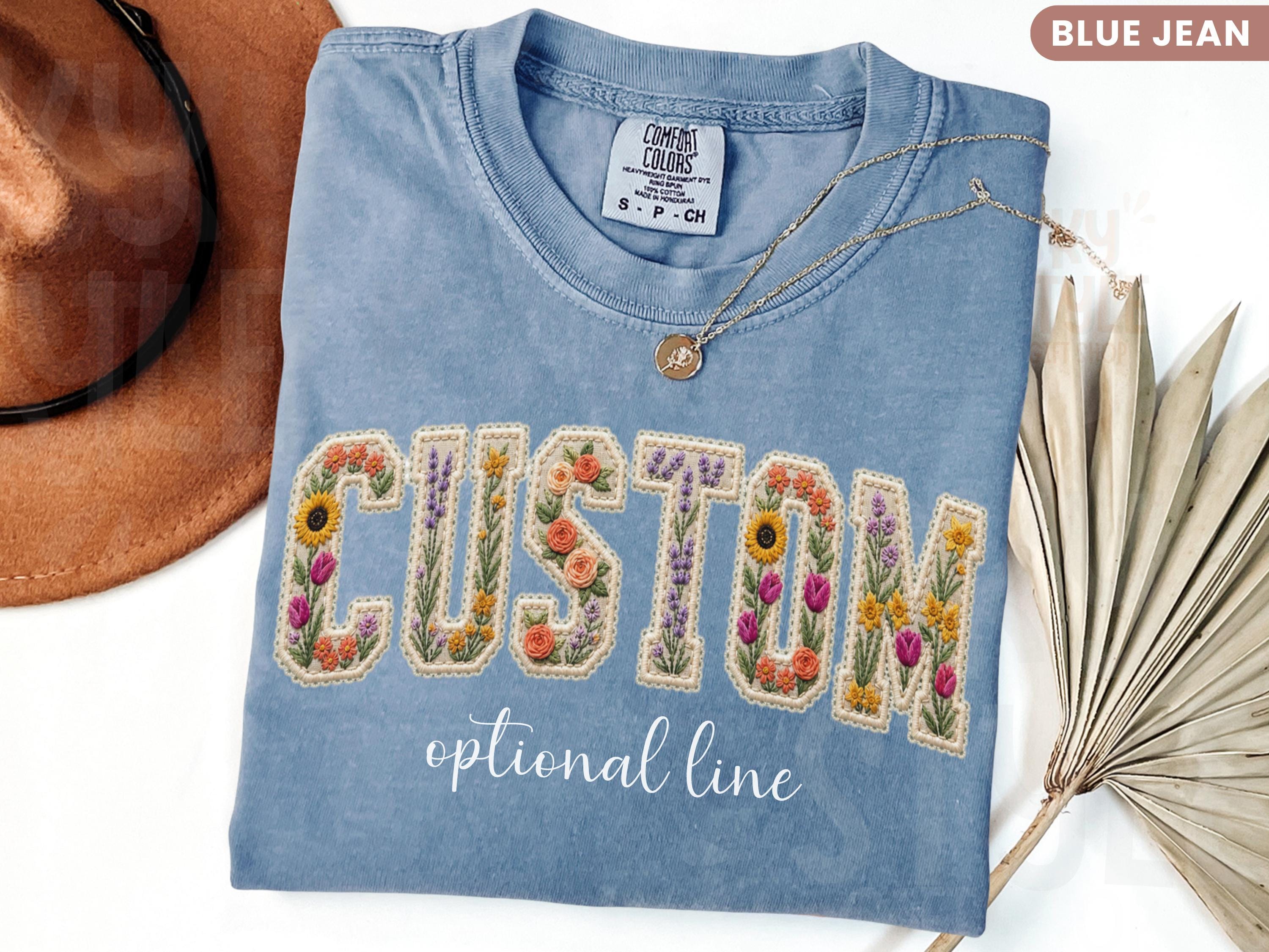 Comfort Colors® Floral Custom Text Shirt, Personalized Faux Patchwork Name Tee, Personalized Mama Shirt, Birthday Gift For Her,Kids Name Tee