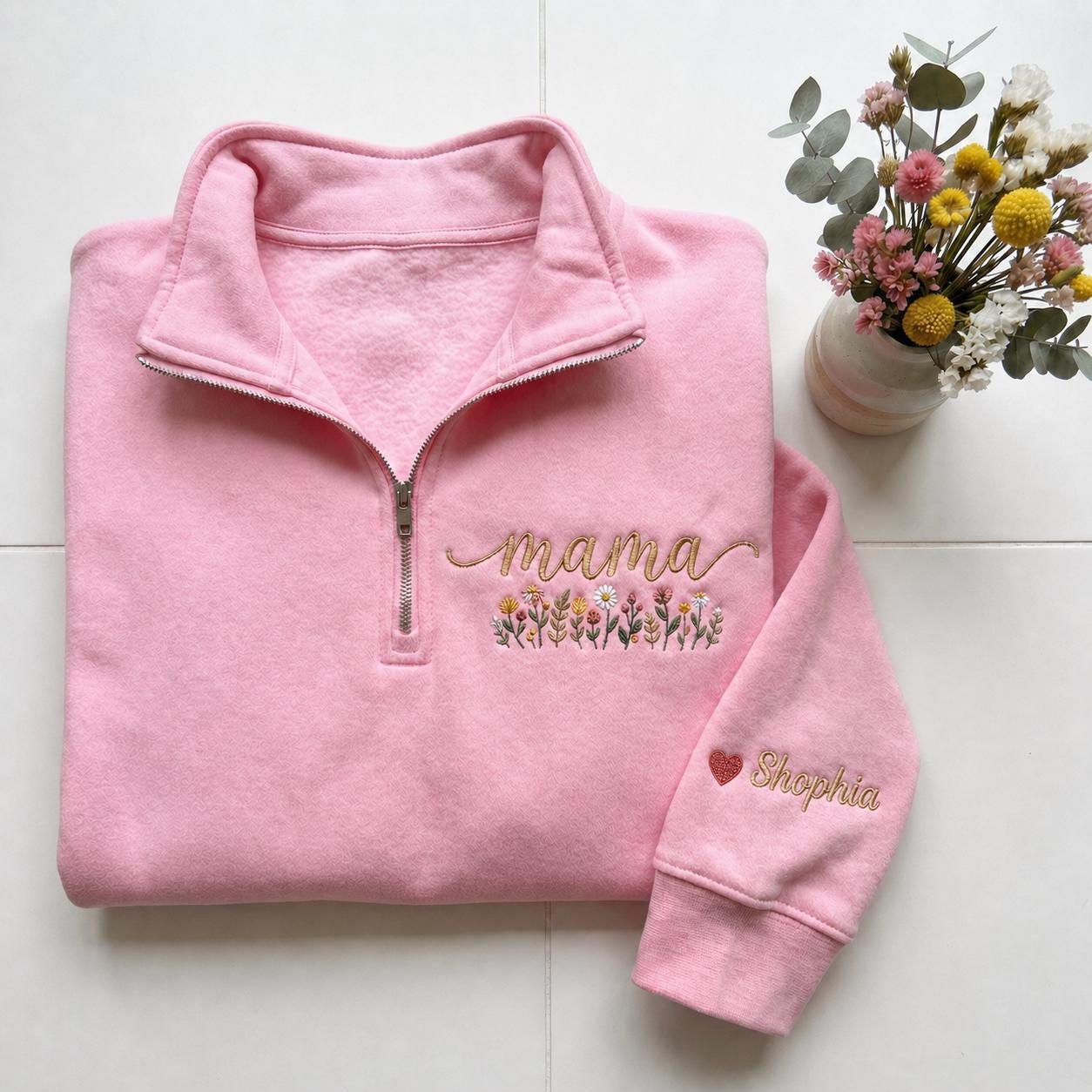 Personalized Mama Quarter Zip Sweatshirt, Custom Name Sleeve Embroidery, Mother’s Day Gift for Mom, Floral Mama Pullover