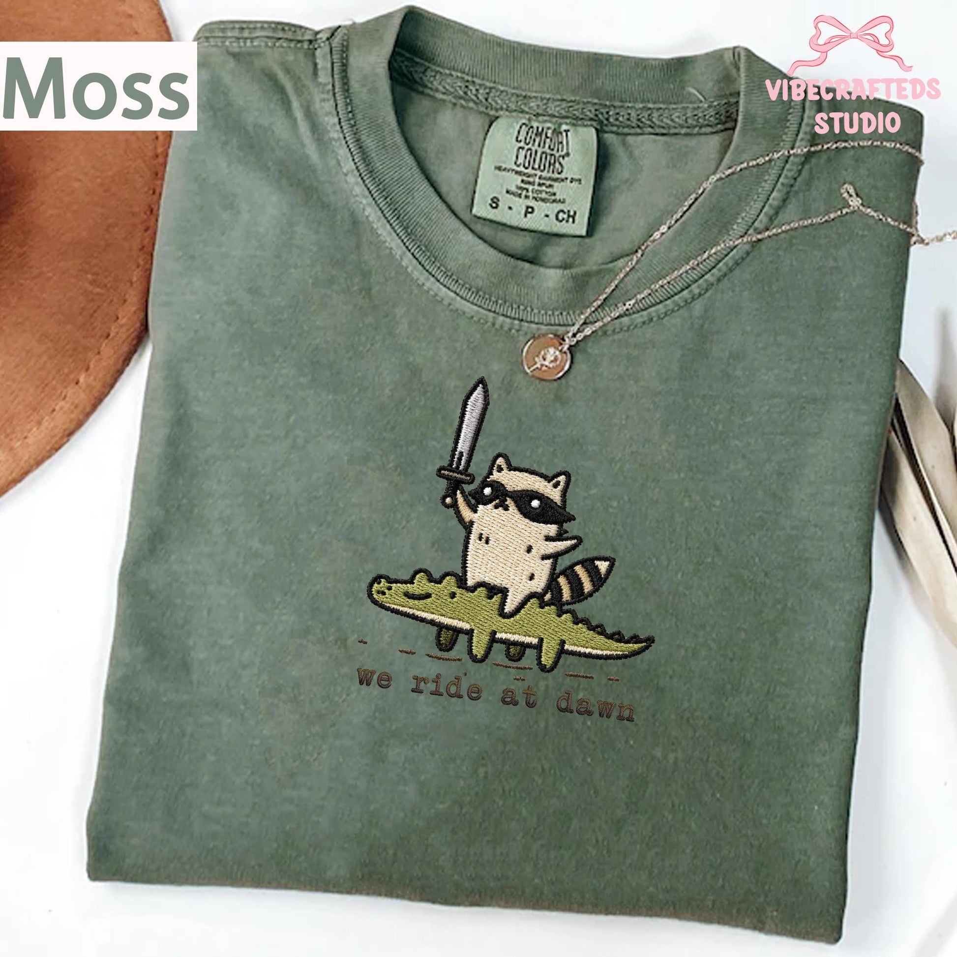 We Ride At Dawn Embroidered Raccoon Shirt, Funny Trash Panda Comfort Colors Tee
