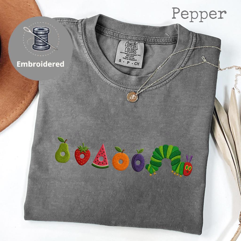 Cute Worm Embroidered Shirt, Fruit Caterpillar Aesthetic Tee, Garden Bug Shirt, Comfort Colors Nature Top, Book Lover Gift