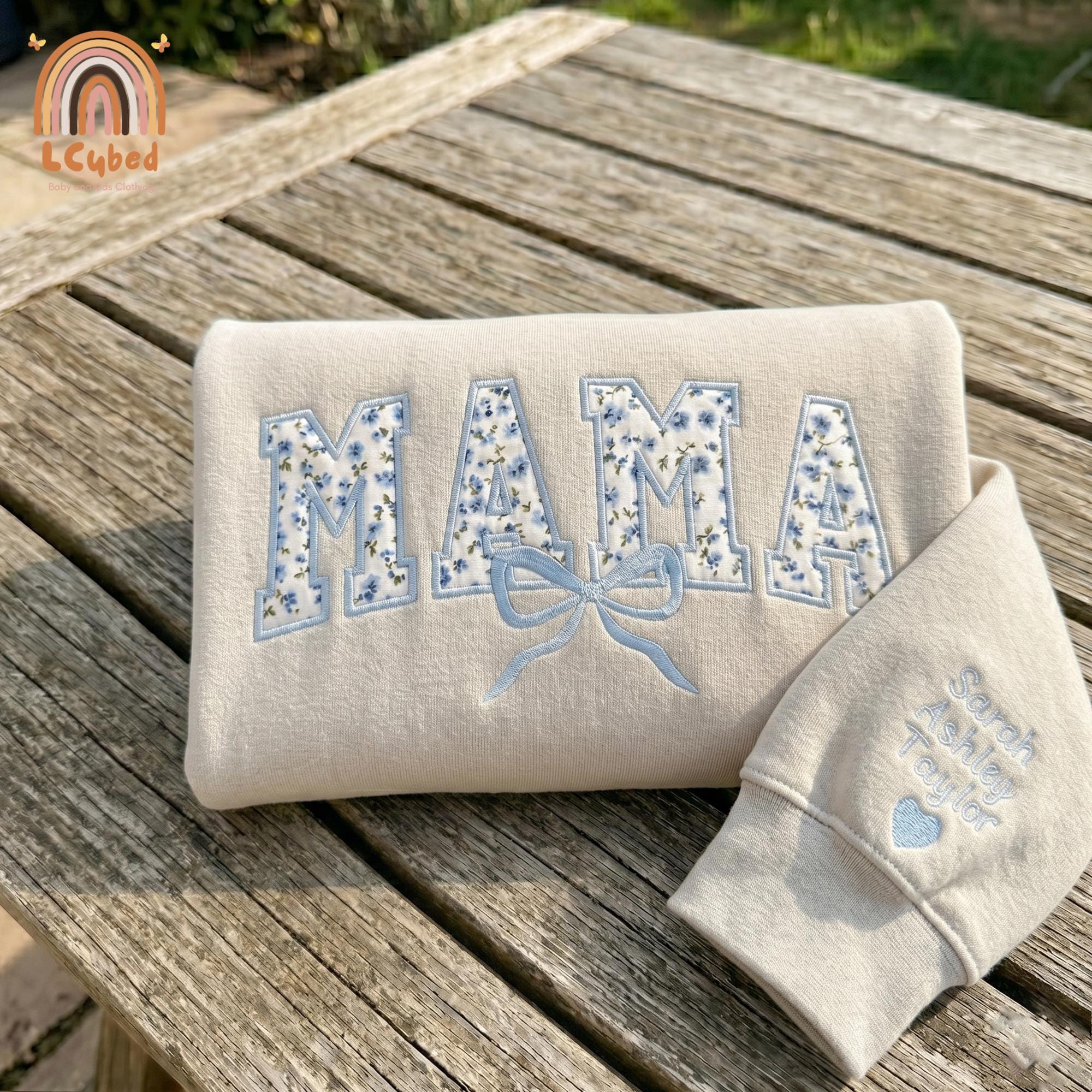 Embroidered Floral Mama Sweatshirt, Personalized Kid Name Applique Tee, Mother Life Shirt, Mom's Birthday Gift, Motherhood Apparel