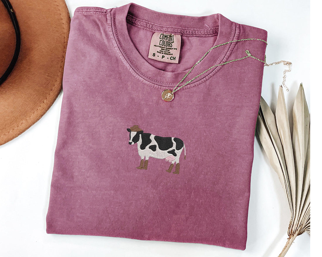 Cowboy Cow Embroidery Shirt, Cow in Boots Comfort Colors Shirt, Farm Embroidery Gift for Women & Men