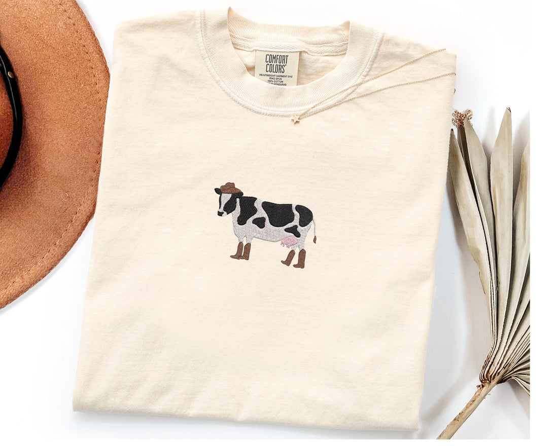 Cowboy Cow Embroidery Shirt, Cow in Boots Comfort Colors Shirt, Farm Embroidery Gift for Women & Men