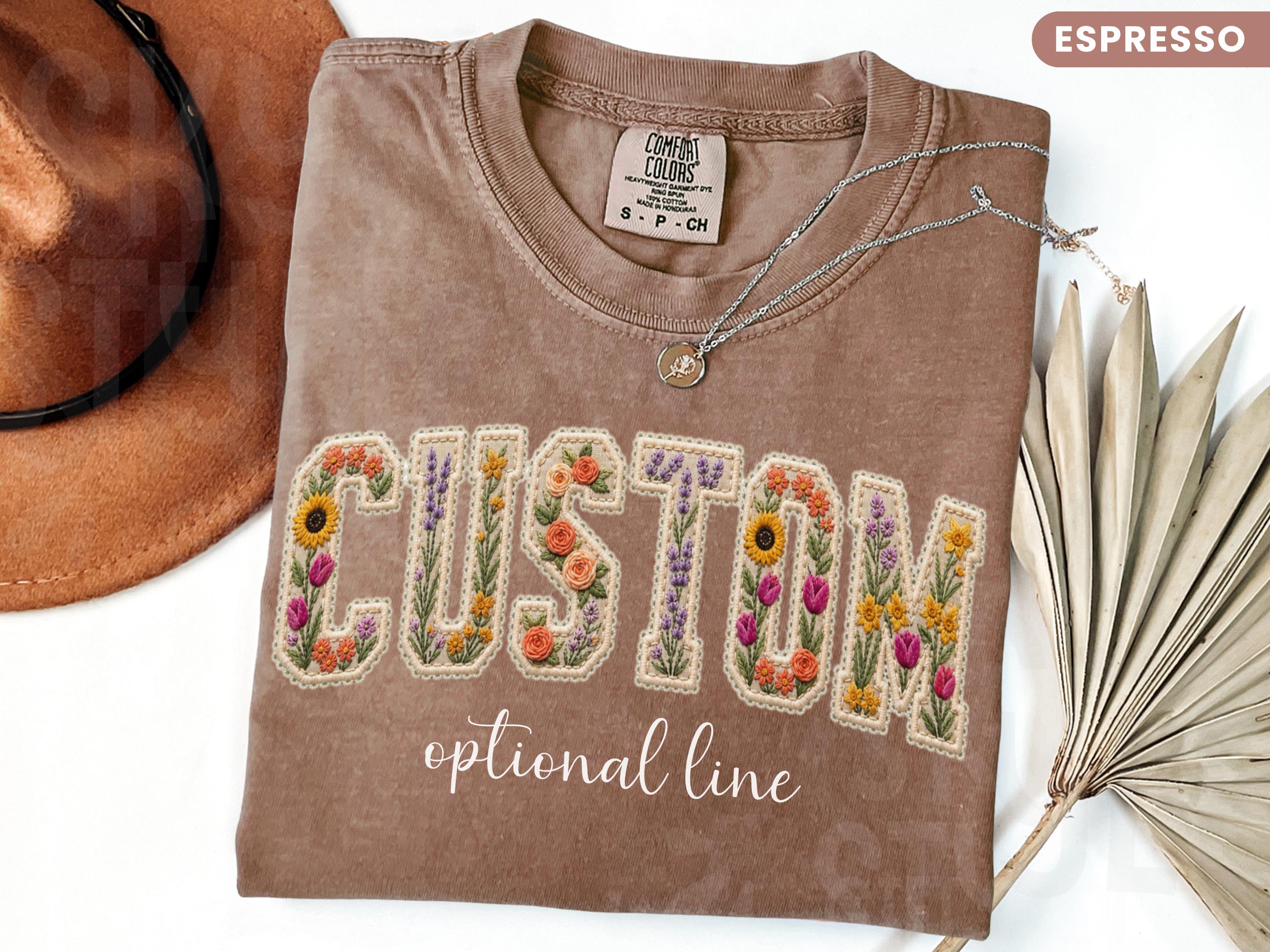 Comfort Colors® Floral Custom Text Shirt, Personalized Faux Patchwork Name Tee, Personalized Mama Shirt, Birthday Gift For Her,Kids Name Tee