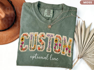 Comfort Colors® Floral Custom Text Shirt, Personalized Faux Patchwork Name Tee, Personalized Mama Shirt, Birthday Gift For Her,Kids Name Tee