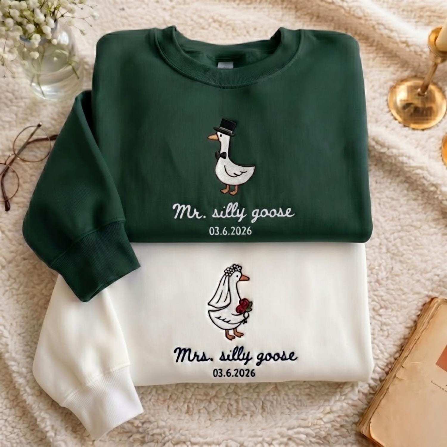Embroidered Mr And Mrs Silly Goose Sweatshirt, Newlywed Matching Couple Tee, Bride And Groom Funny Honeymoon Shirt, Wedding Gift Anniversary