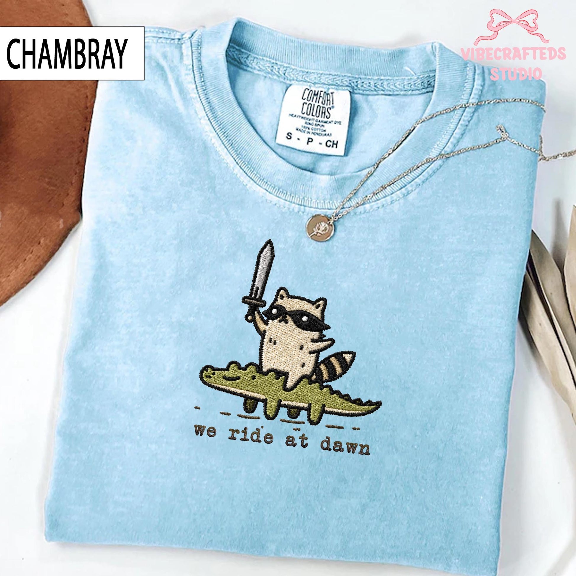 We Ride At Dawn Embroidered Raccoon Shirt, Funny Trash Panda Comfort Colors Tee