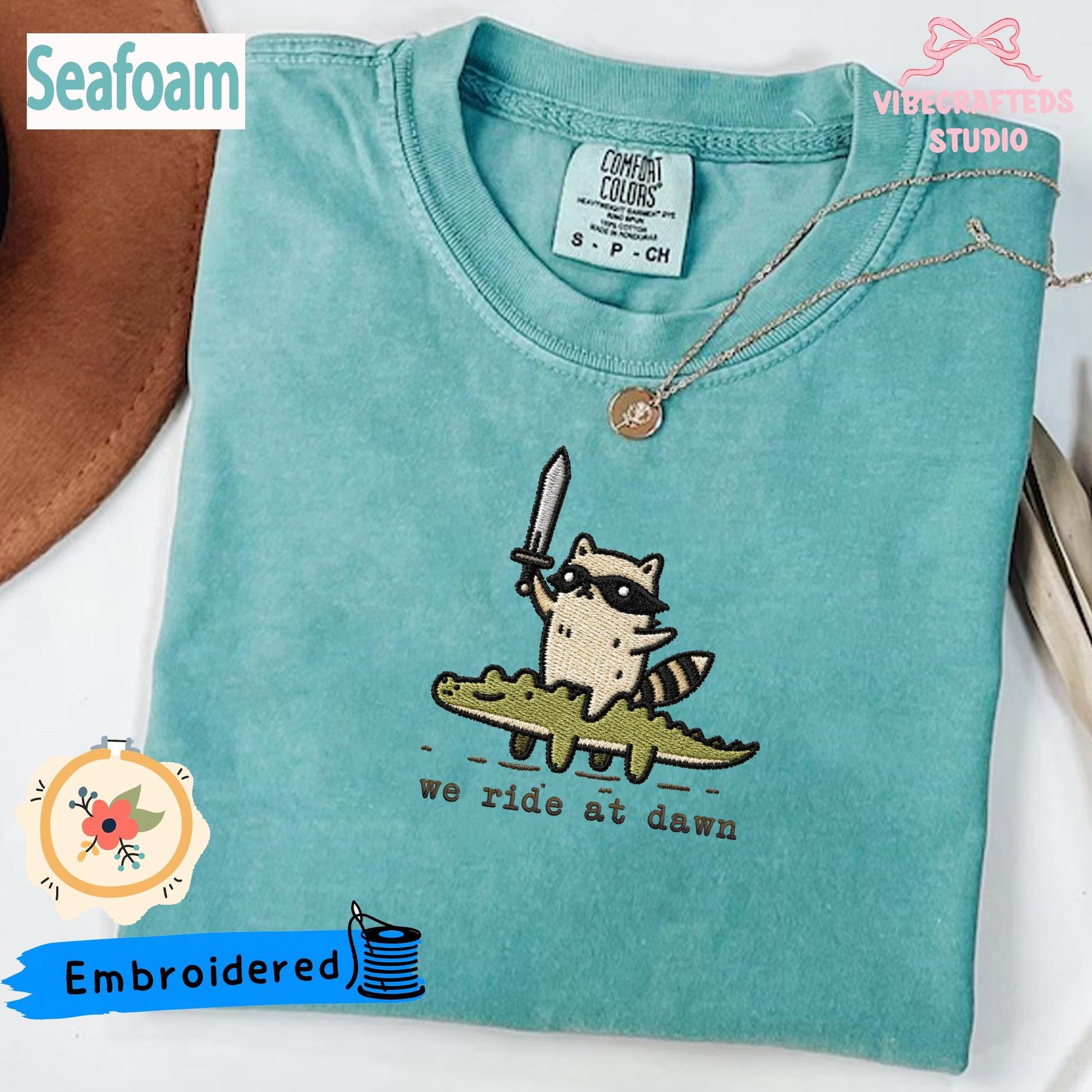 We Ride At Dawn Embroidered Raccoon Shirt, Funny Trash Panda Comfort Colors Tee
