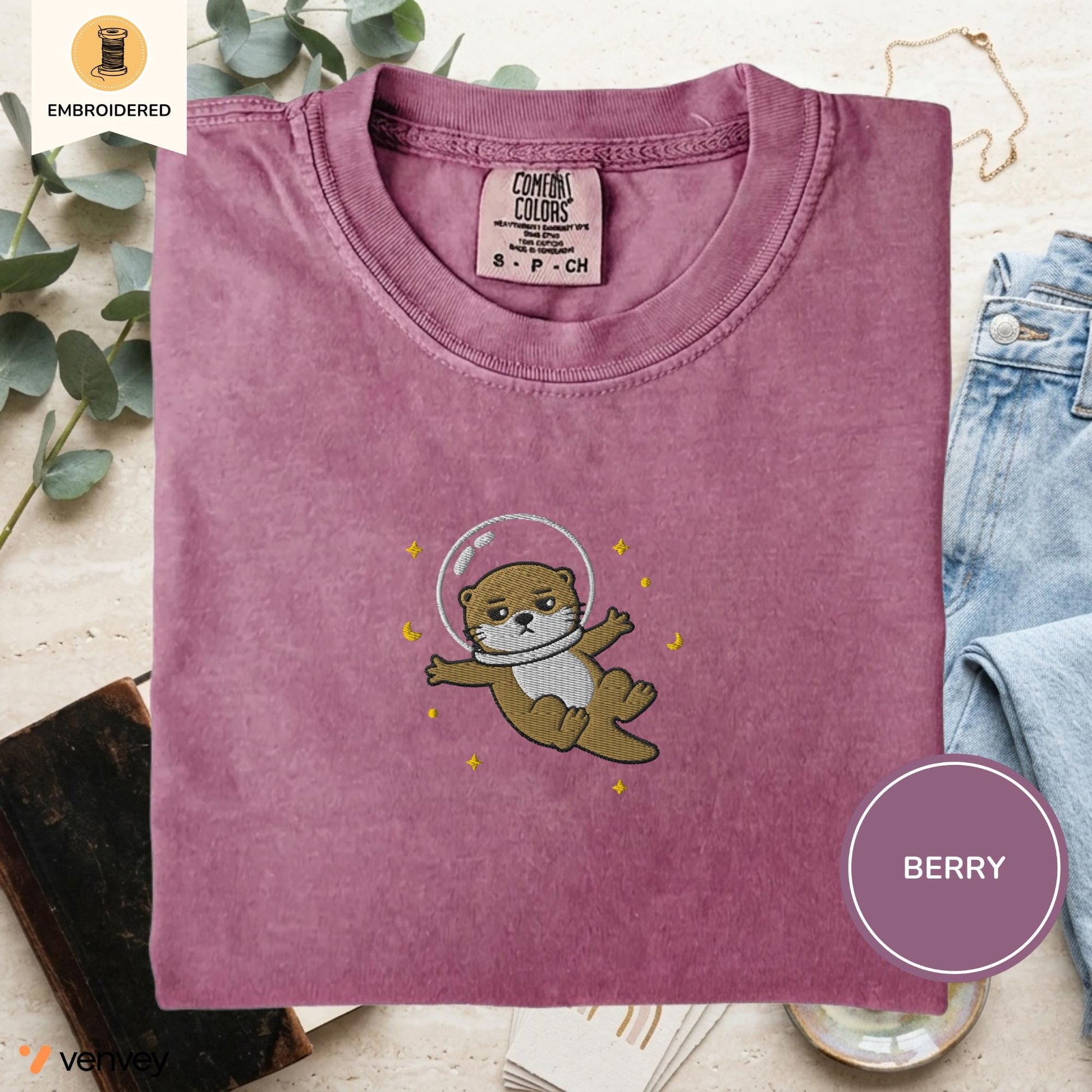 Embroidered Space Otter Shirt, Cute Astronaut Sea Otter Tee, Comfort Colors Otter Lover Gift, Minimal Embroidery Shirt