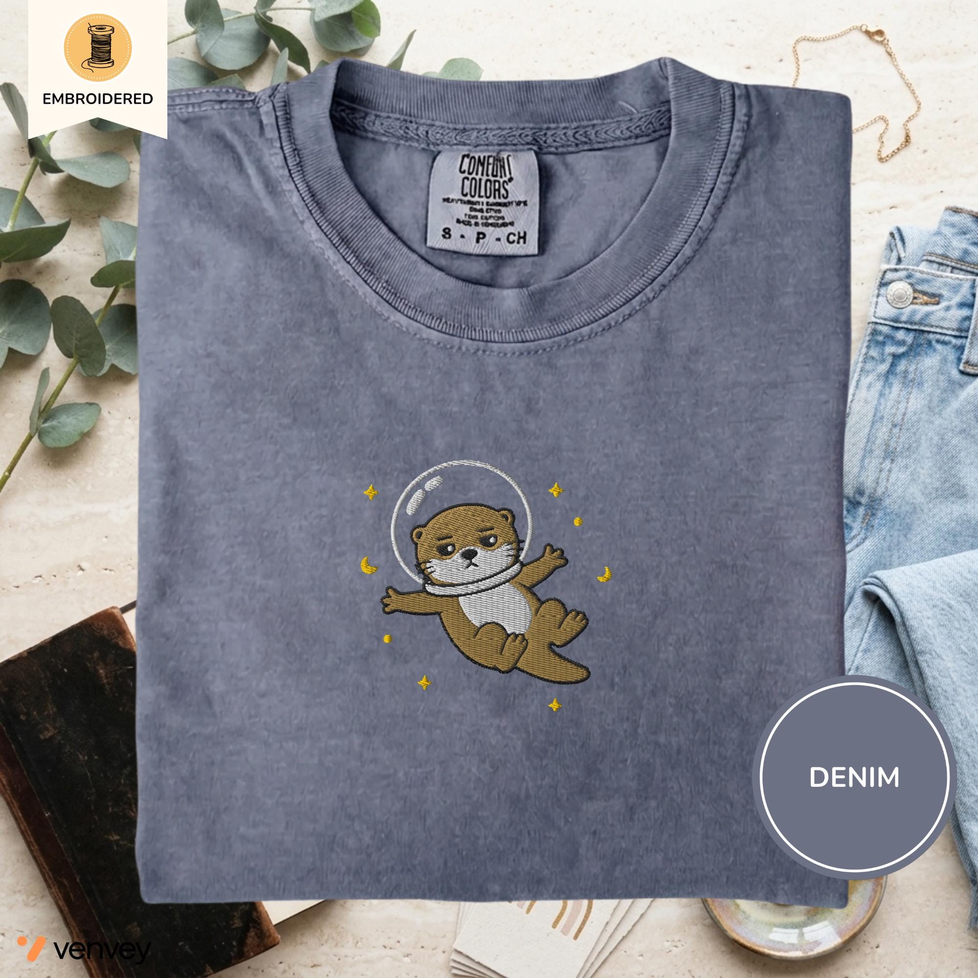 Embroidered Space Otter Shirt, Cute Astronaut Sea Otter Tee, Comfort Colors Otter Lover Gift, Minimal Embroidery Shirt