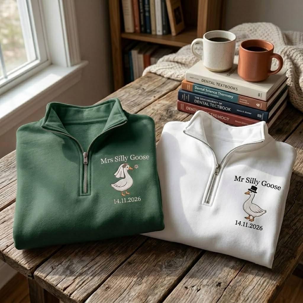 Embroidered Mrs and Mr Silly Goose Quarter Zip Sweatshirts, Funny Couple Matching Sweatshirts, Wedding Date Sweatshirt, Goose Wedding Shirt