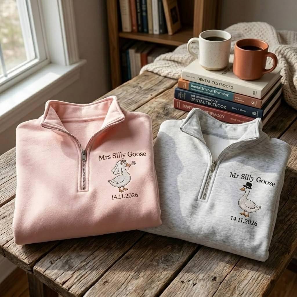 Embroidered Mrs and Mr Silly Goose Quarter Zip Sweatshirts, Funny Couple Matching Sweatshirts, Wedding Date Sweatshirt, Goose Wedding Shirt