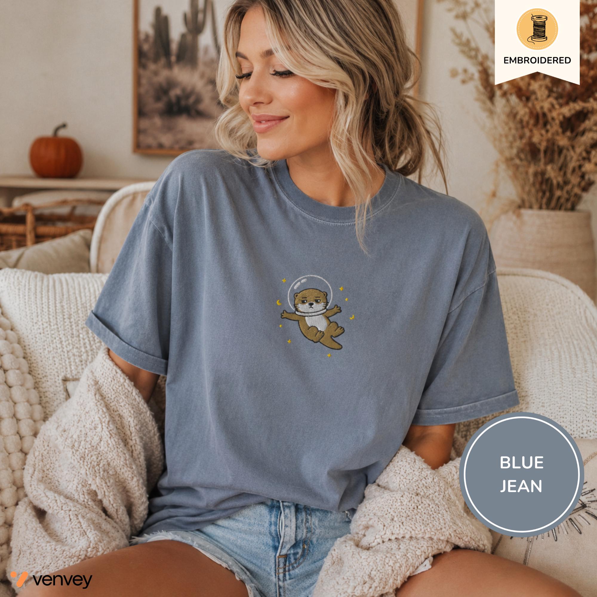 Embroidered Space Otter Shirt, Cute Astronaut Sea Otter Tee, Comfort Colors Otter Lover Gift, Minimal Embroidery Shirt